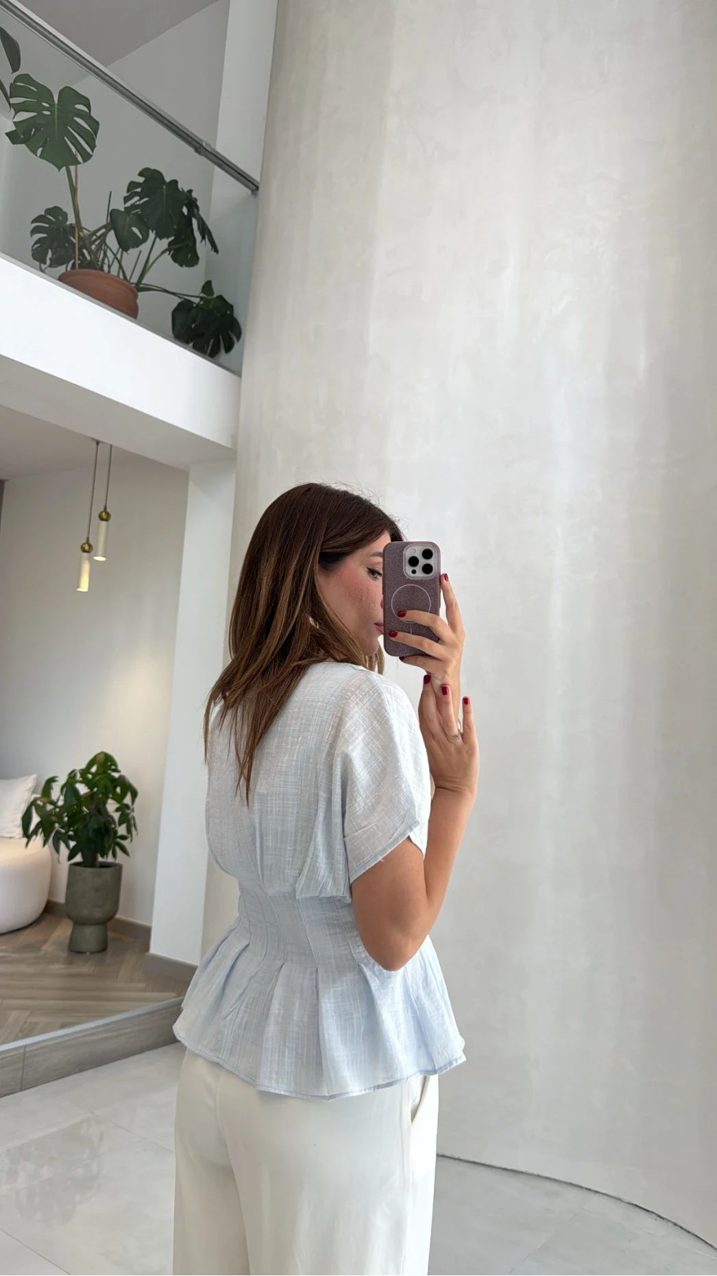 Beli Pileli Bluz - Mavi - Kod: 1078