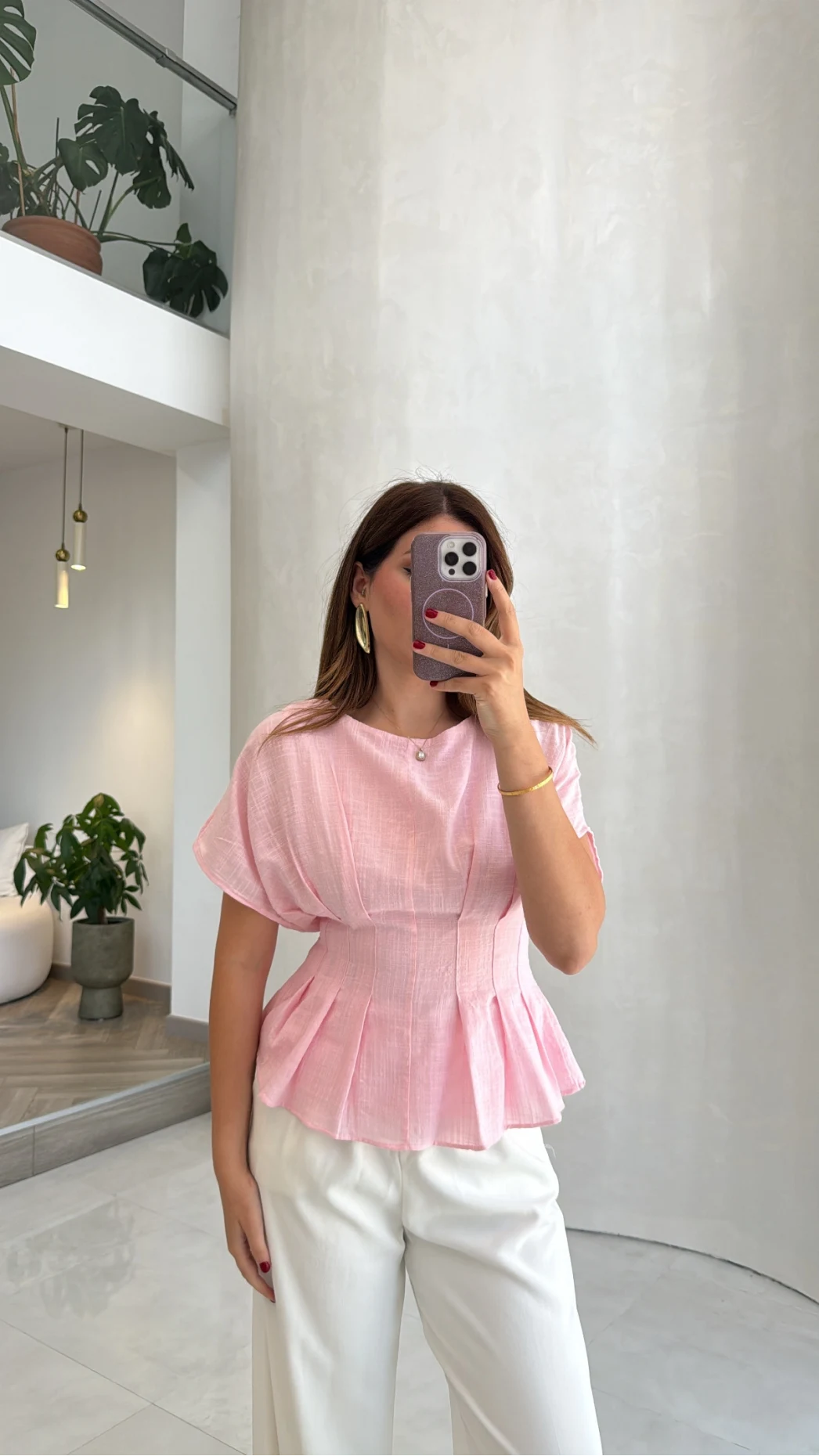 Beli Pileli Bluz - Pembe - Kod: 1078