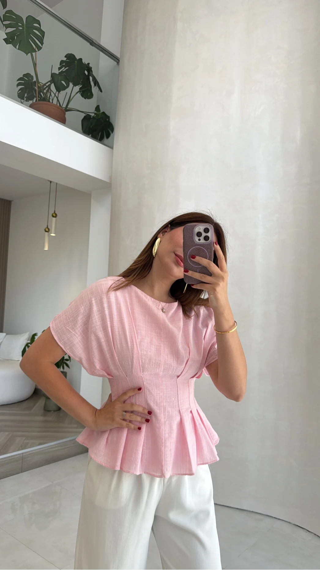 Beli Pileli Bluz - Pembe - Kod: 1078