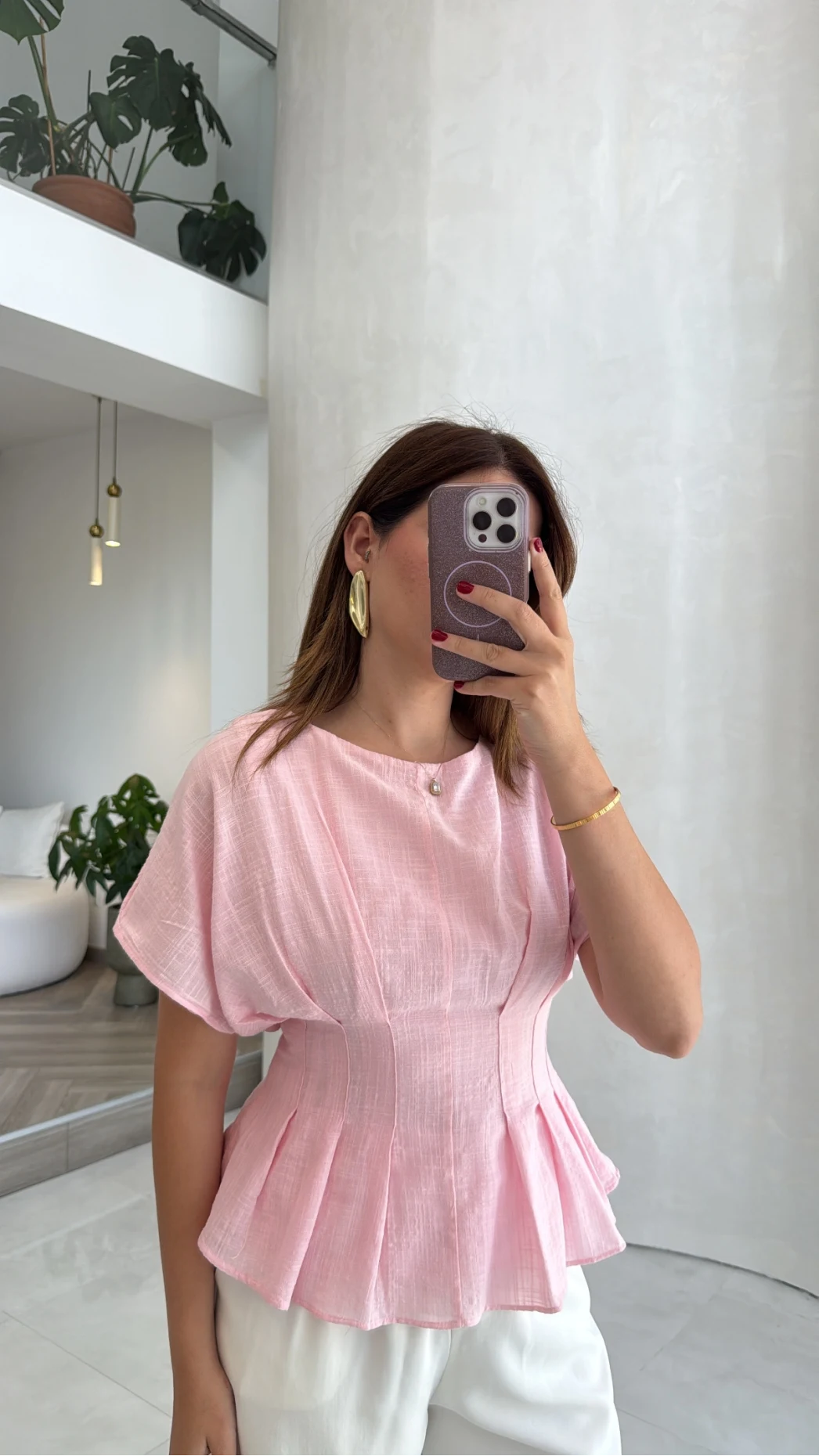 Beli Pileli Bluz - Pembe - Kod: 1078