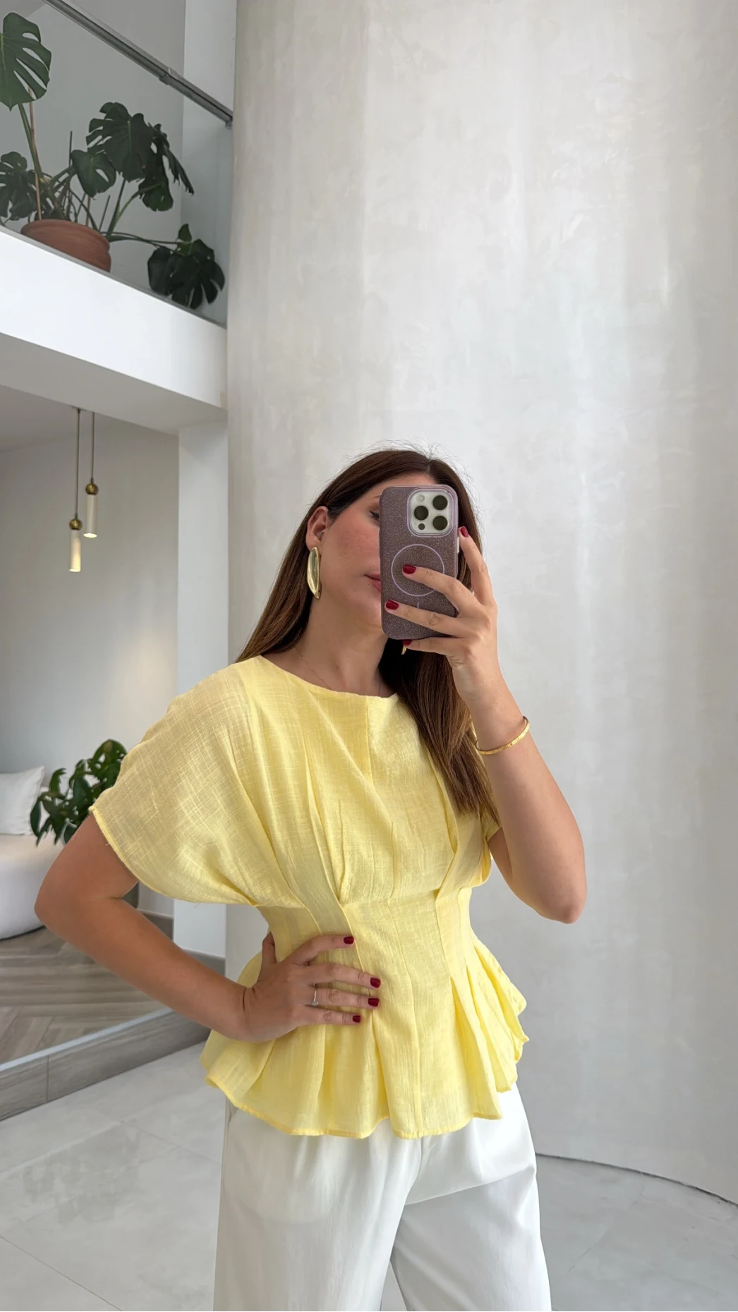 Beli Pileli Bluz - Sarı - Kod: 1078