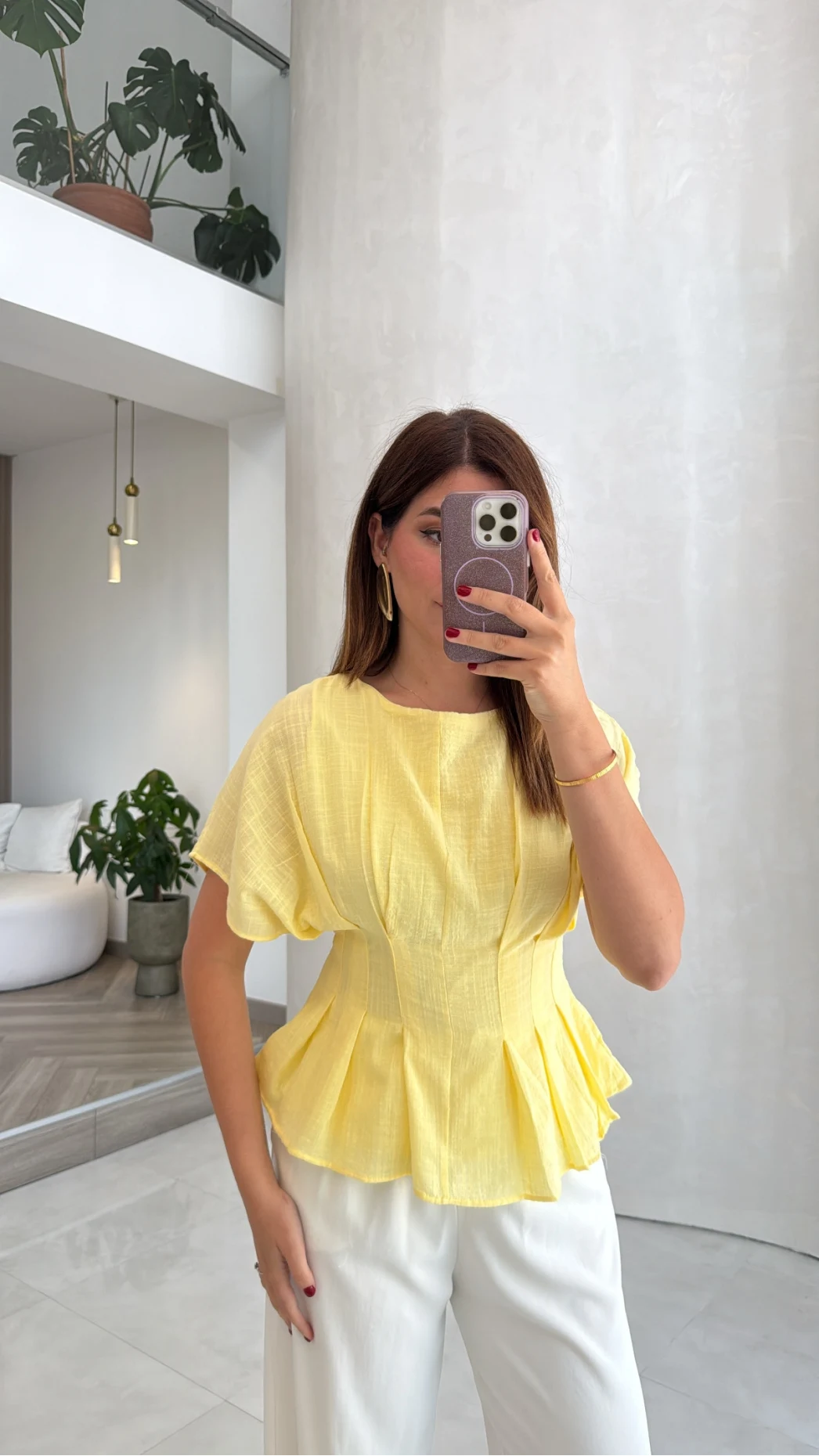 Beli Pileli Bluz - Sarı - Kod: 1078