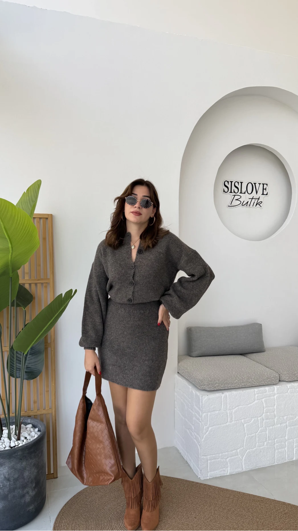 Bellina Triko Hırka Etek Takım - Kahve Vizon Tonları - Kod: 001