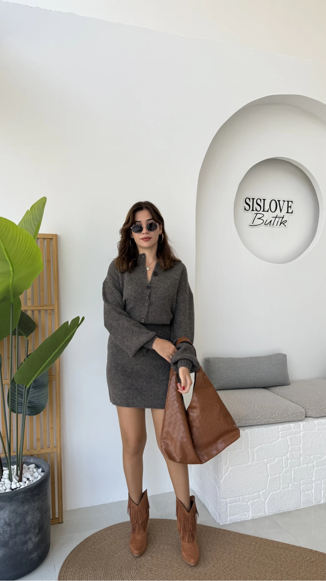 Bellina Triko Hırka Etek Takım - Kahve Vizon Tonları - Kod: 001