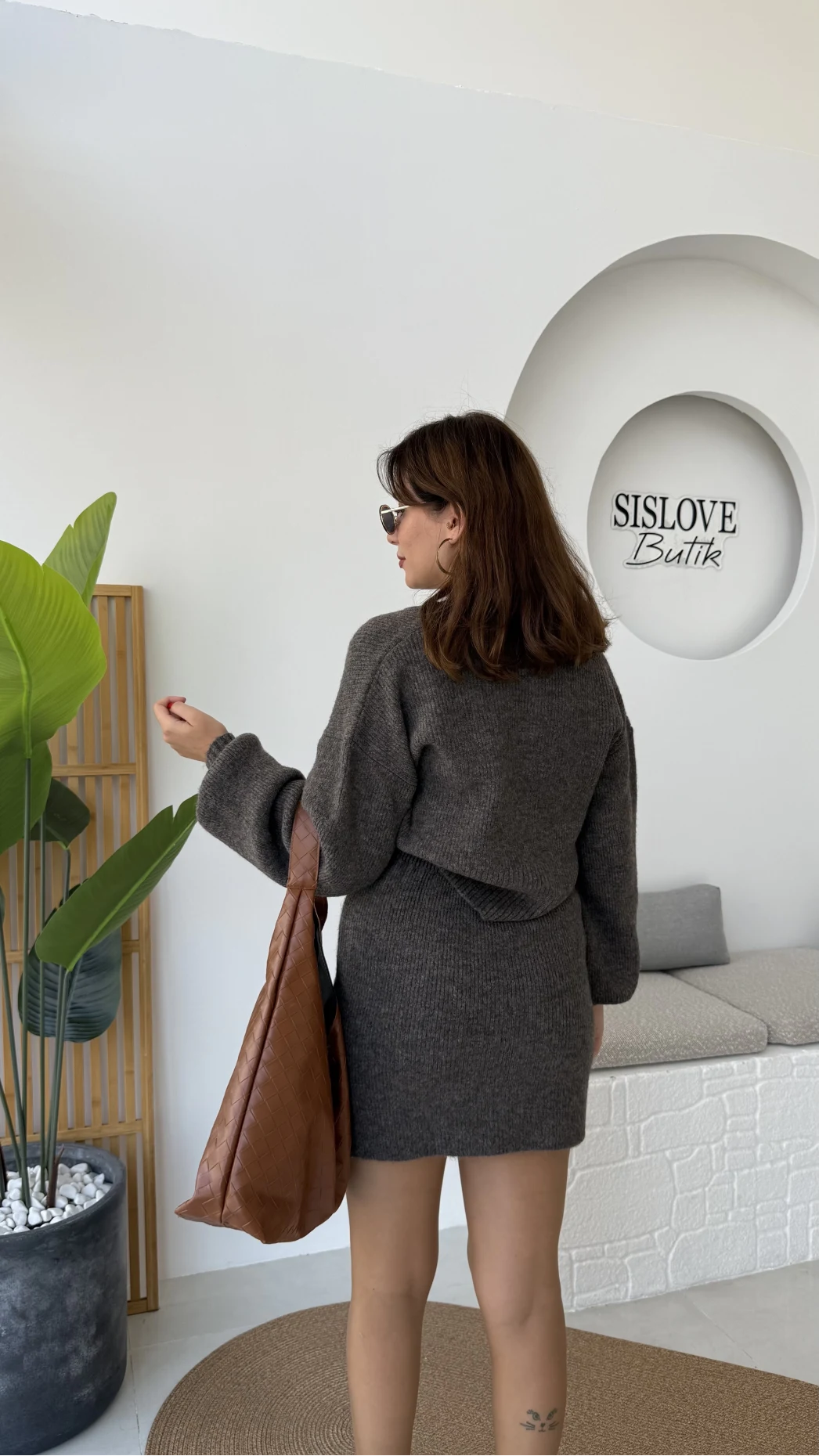 Bellina Triko Hırka Etek Takım - Kahve Vizon Tonları - Kod: 001