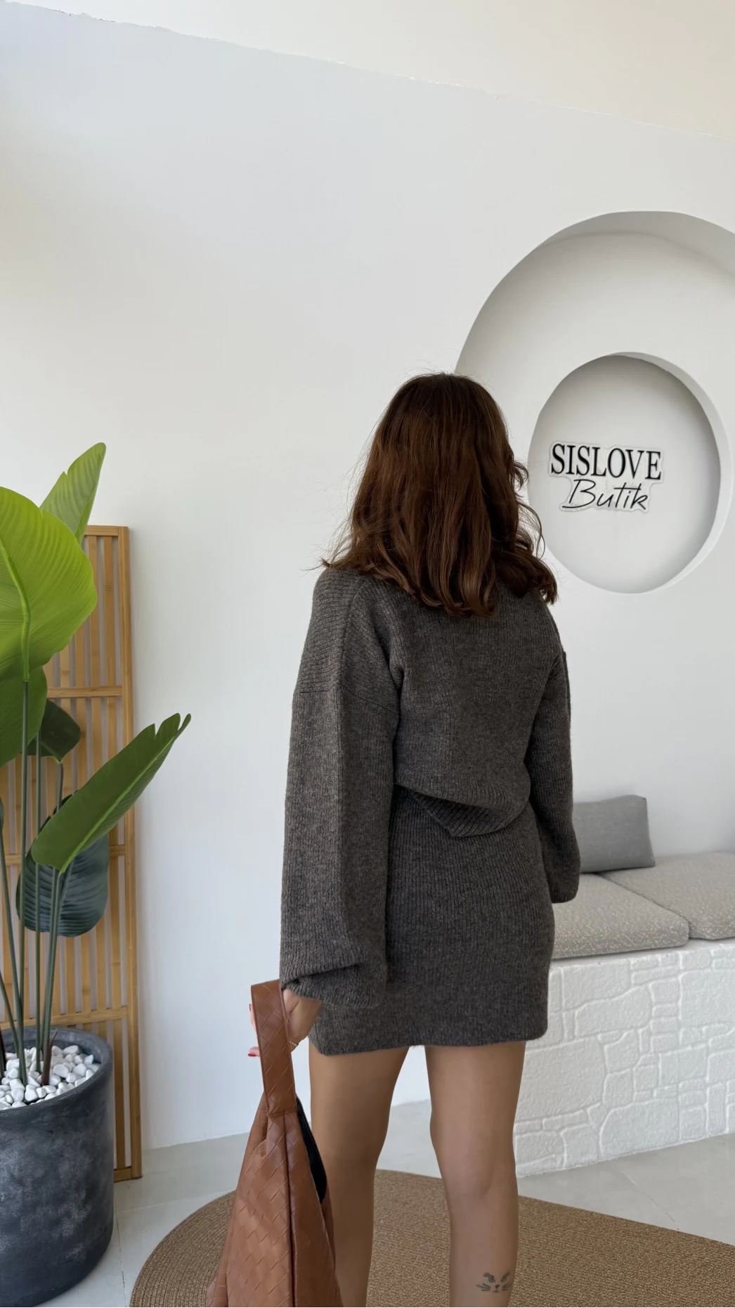 Bellina Triko Hırka Etek Takım - Kahve Vizon Tonları - Kod: 001