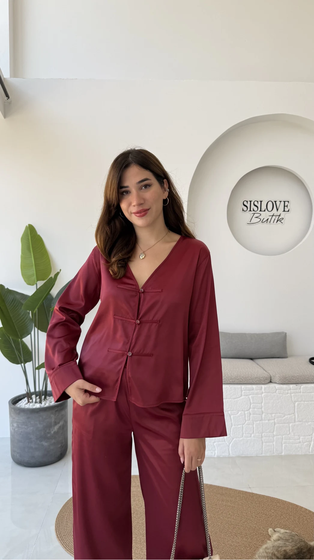 Bennet Serisi Saten Gömlek - Bordo - Kod: 2142