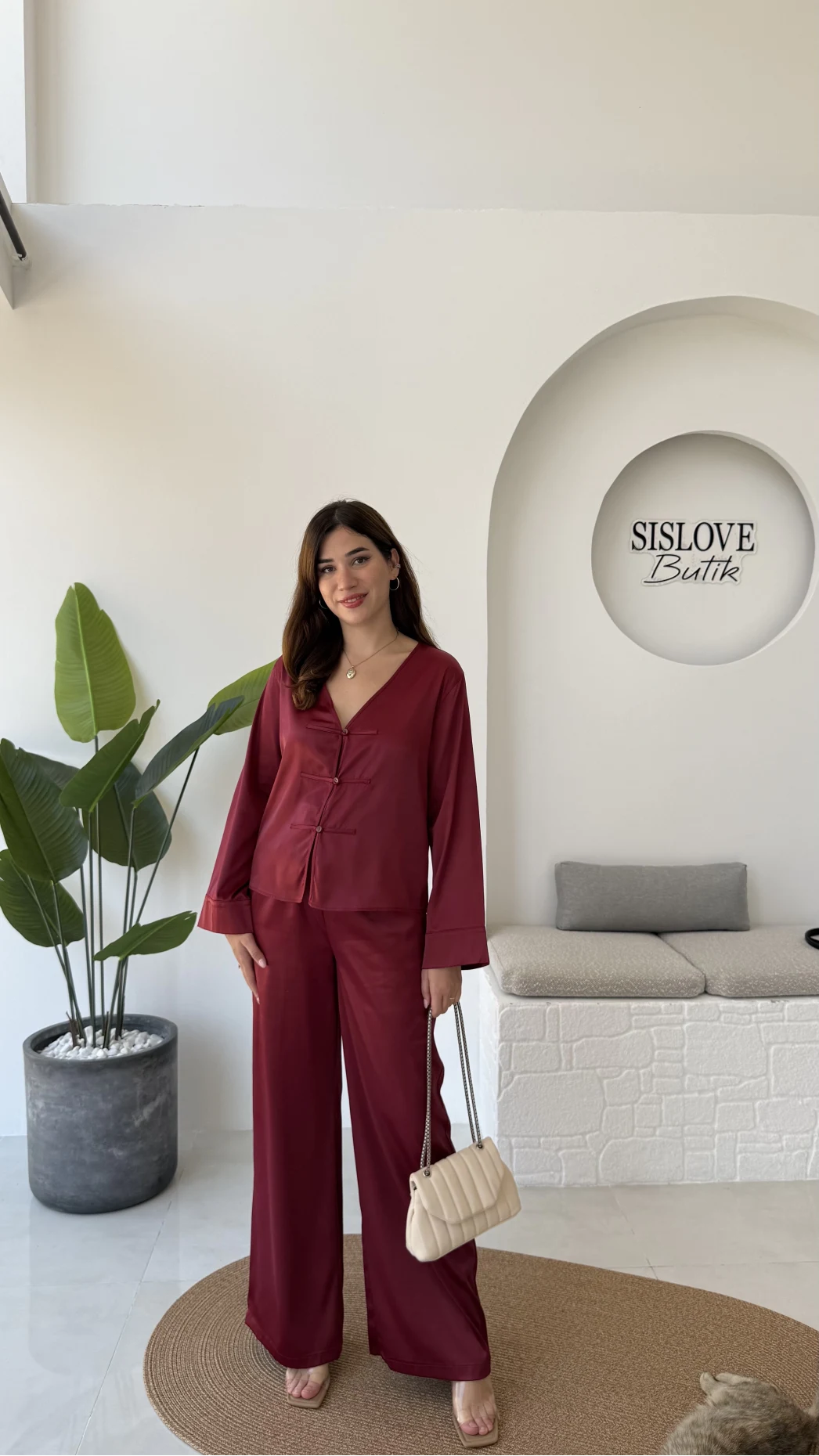 Bennet Serisi Saten Pantolon - Bordo - Kod: 4027