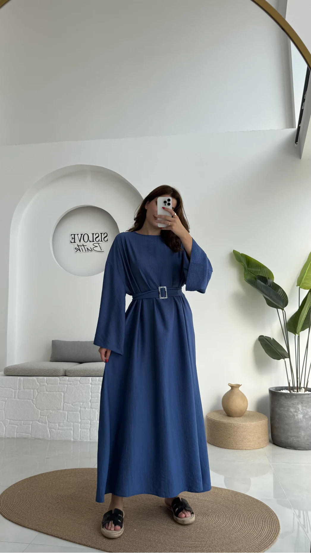Berlin Kuşaklı Uzun Elbise - İndigo - 6031
