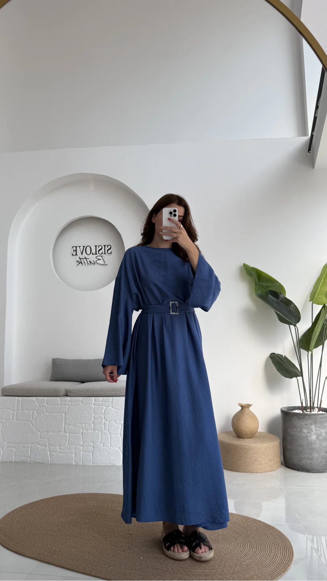 Berlin Kuşaklı Uzun Elbise - İndigo - 6031