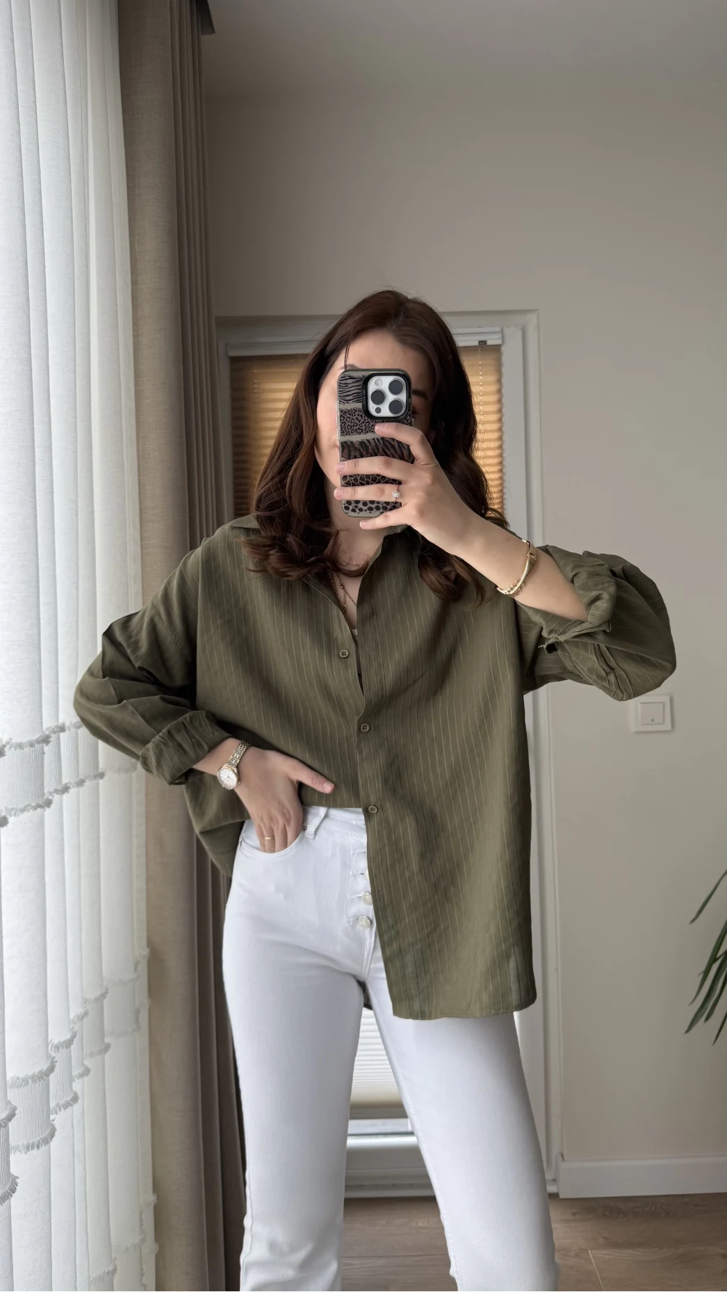 Berma Kendinden Çizgili Gömlek Haki