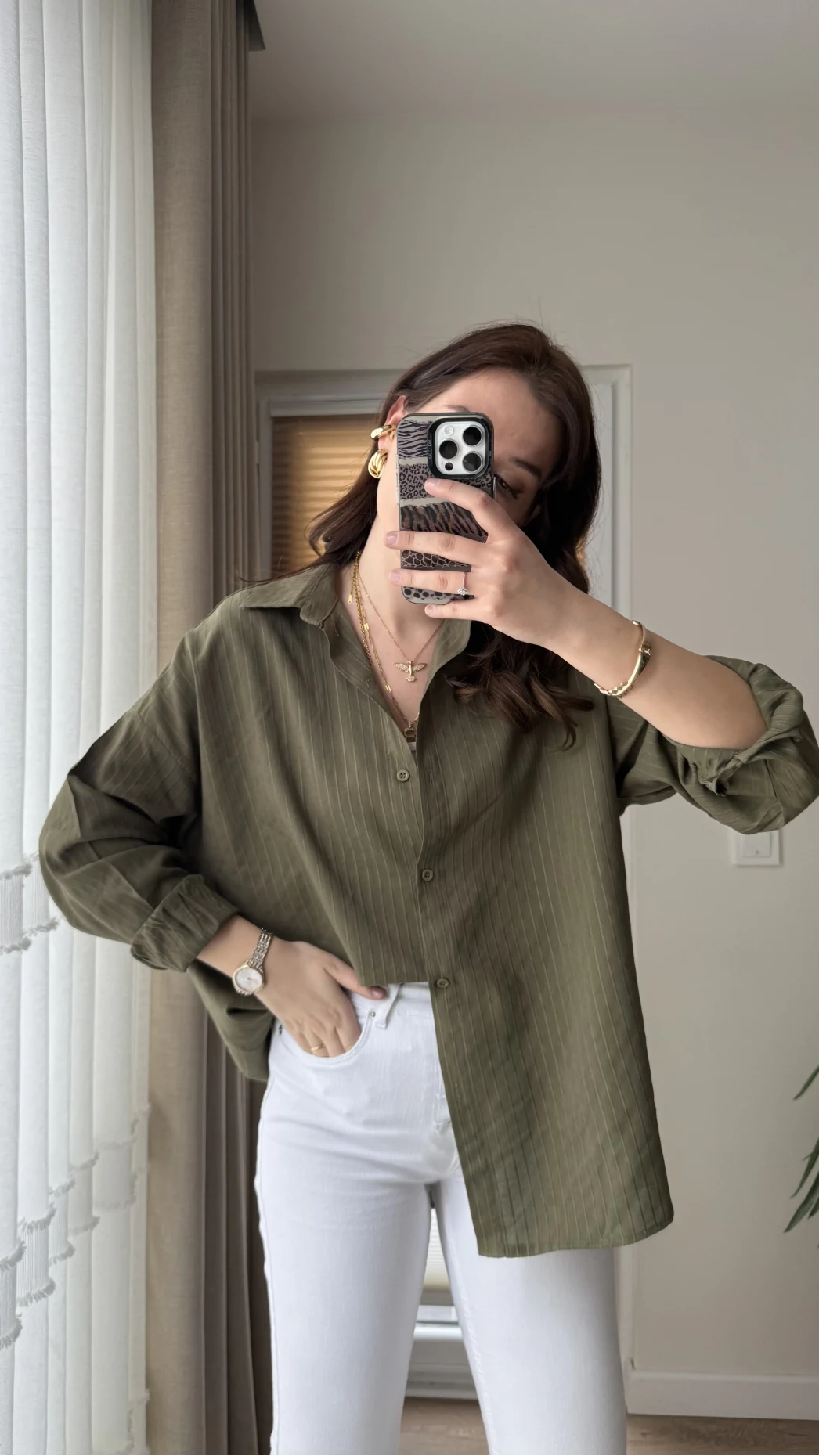 Berma Kendinden Çizgili Gömlek Haki