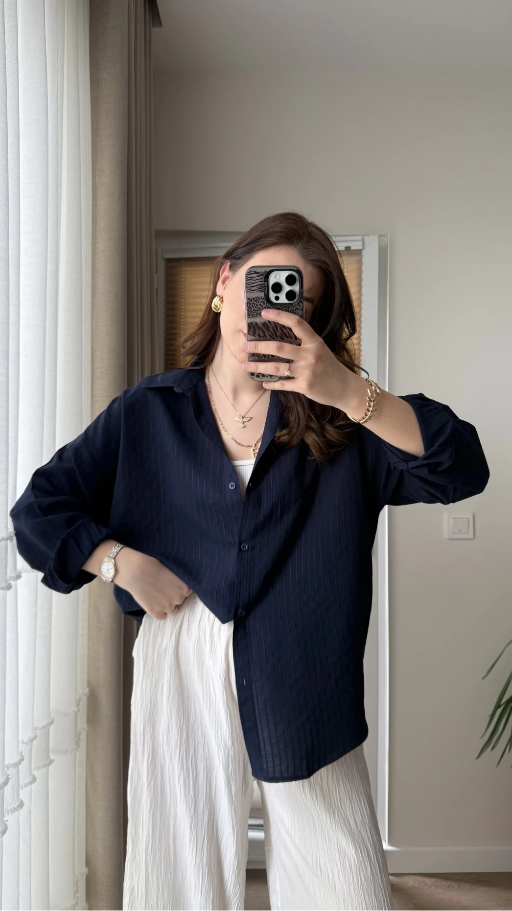 Berma Kendinden Çizgili Gömlek Lacivert