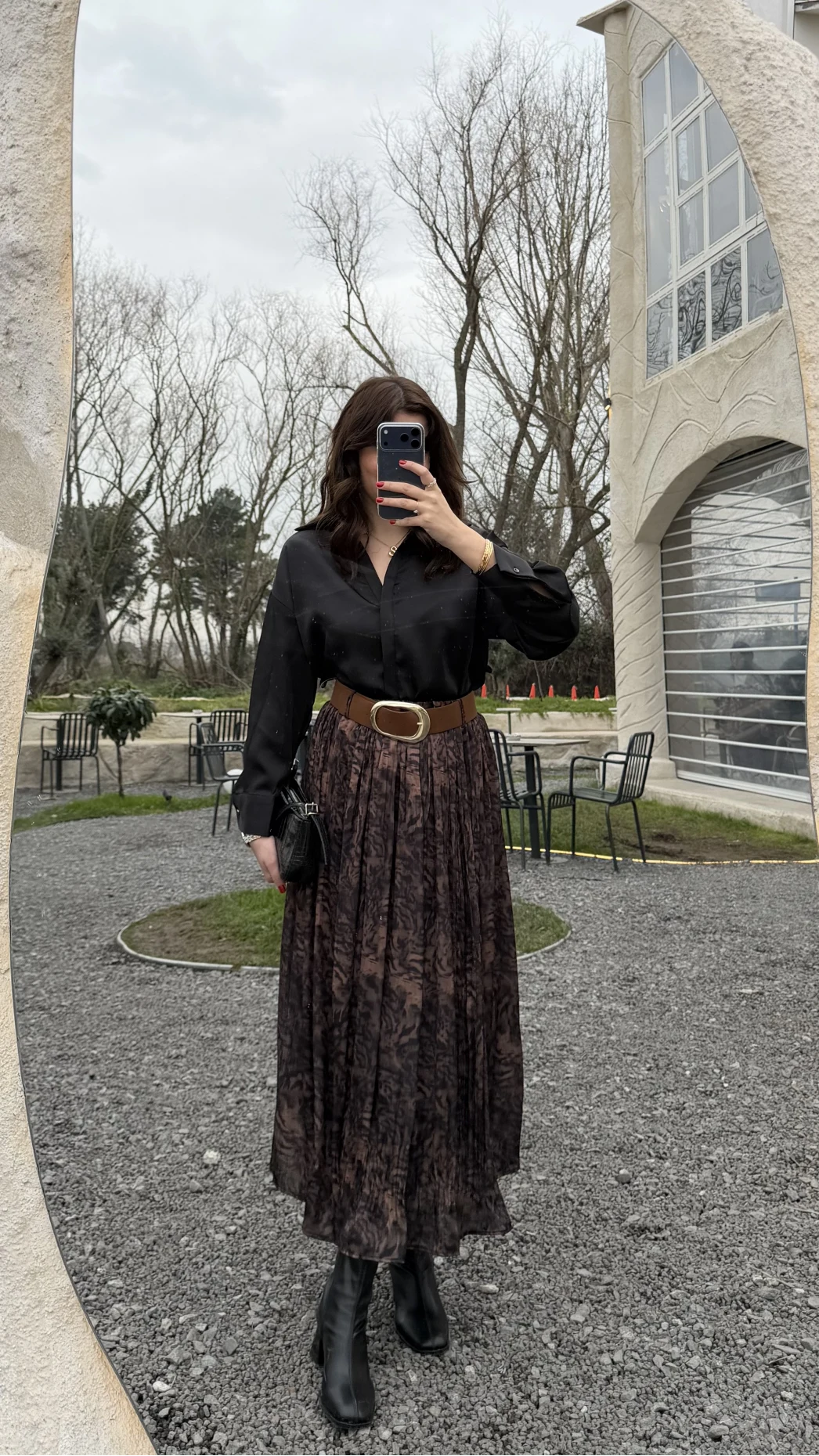 Berry Kemerli Desenli Piliseli Etek - Kahve - Kod: 3375