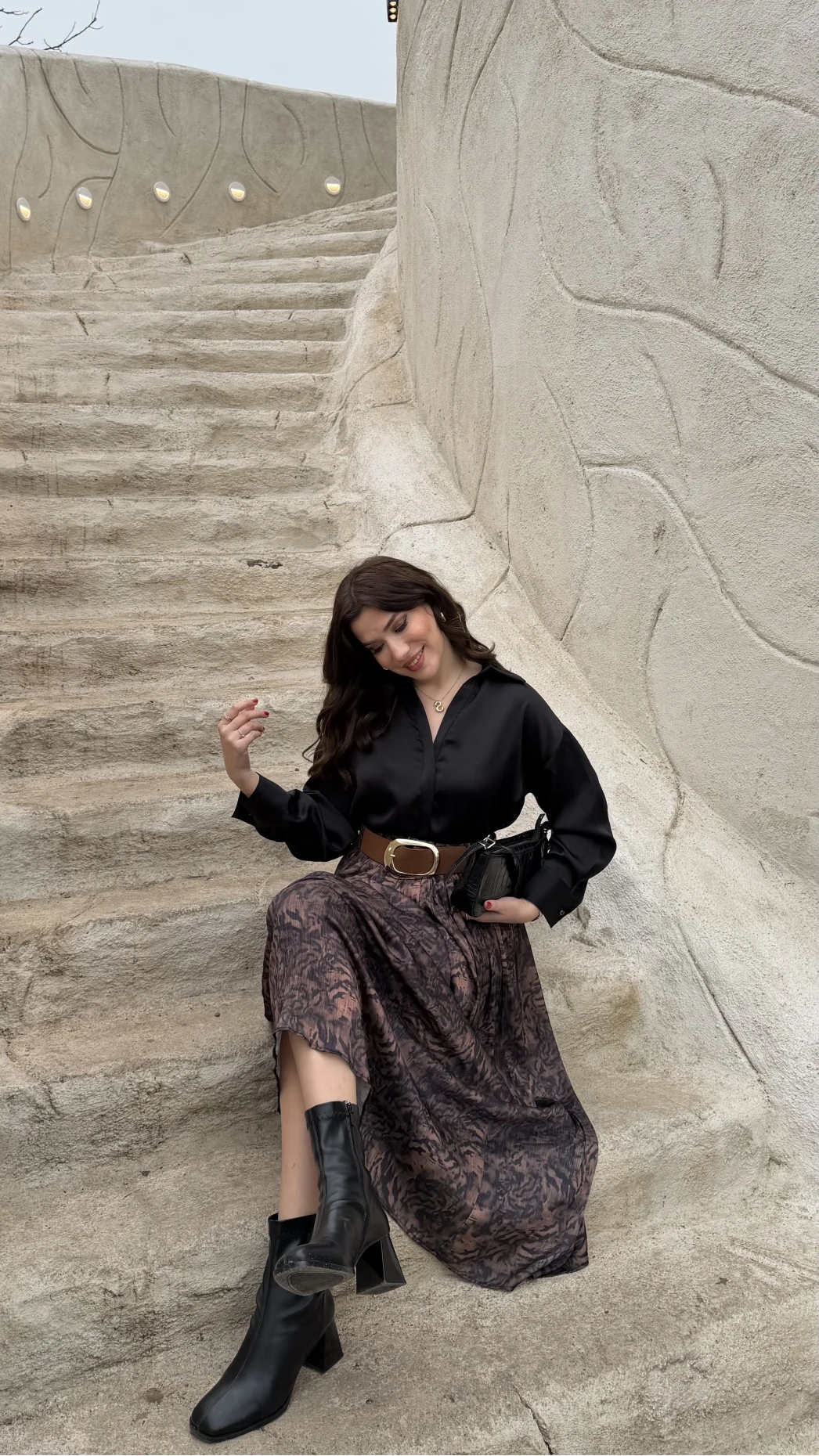 Berry Kemerli Desenli Piliseli Etek - Kahve - Kod: 3375