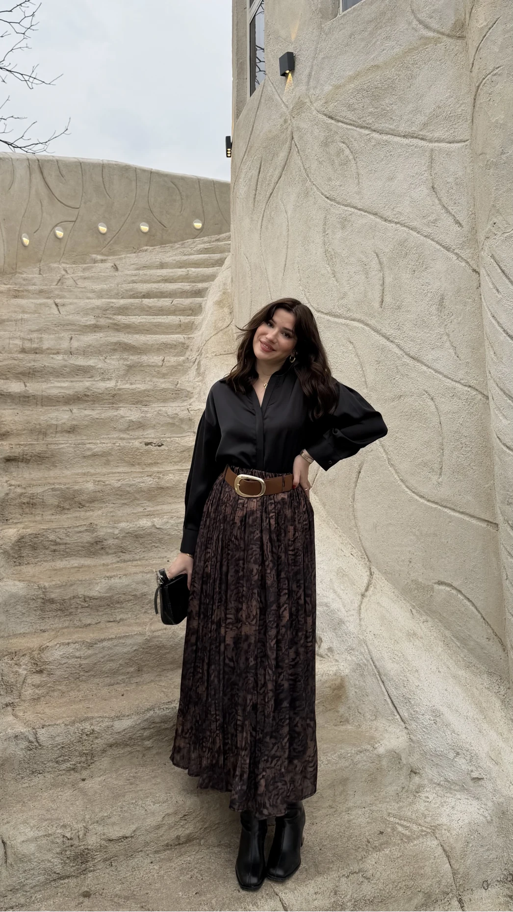 Berry Kemerli Desenli Piliseli Etek - Kahve - Kod: 3375