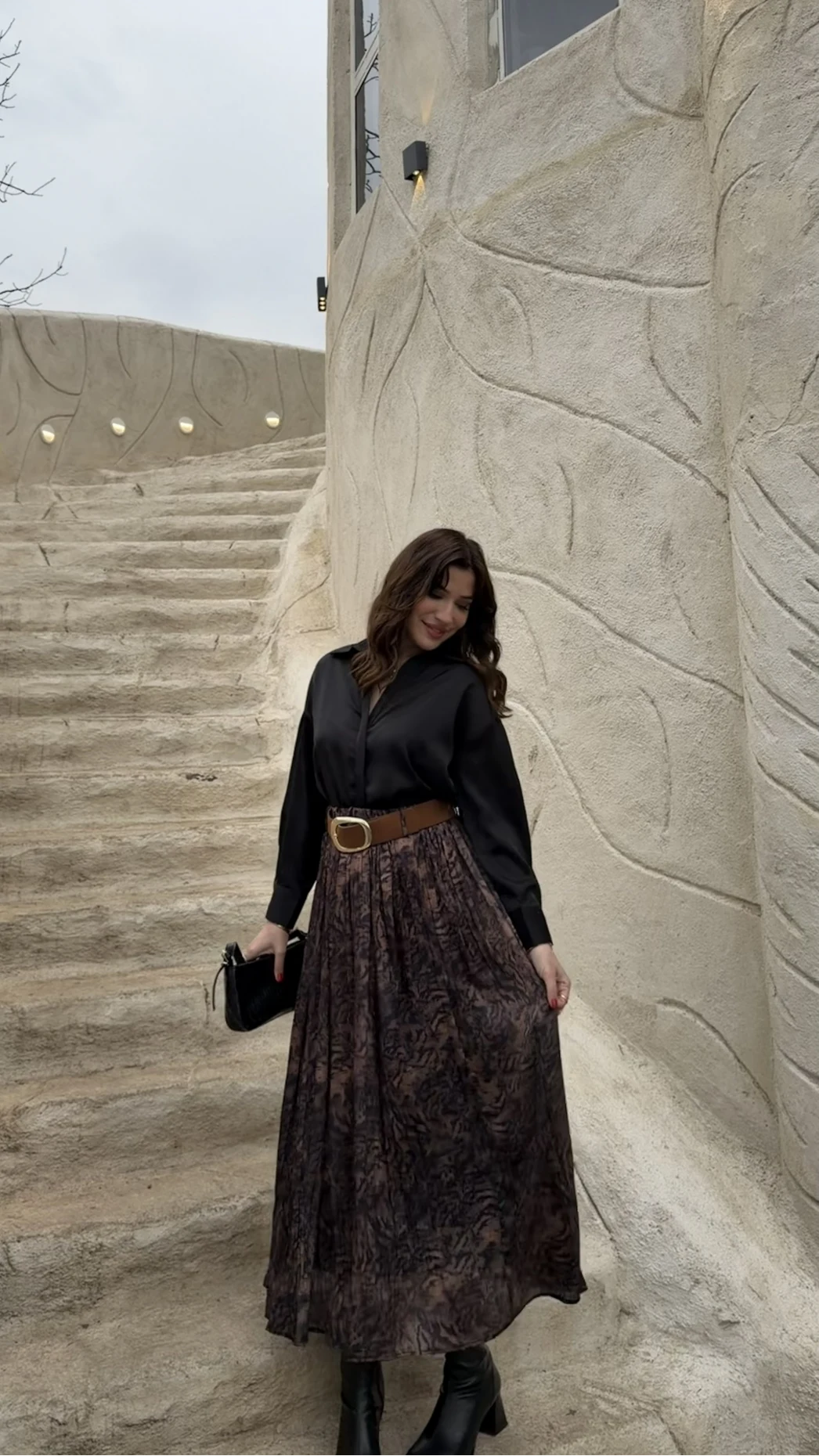 Berry Kemerli Desenli Piliseli Etek - Kahve - Kod: 3375