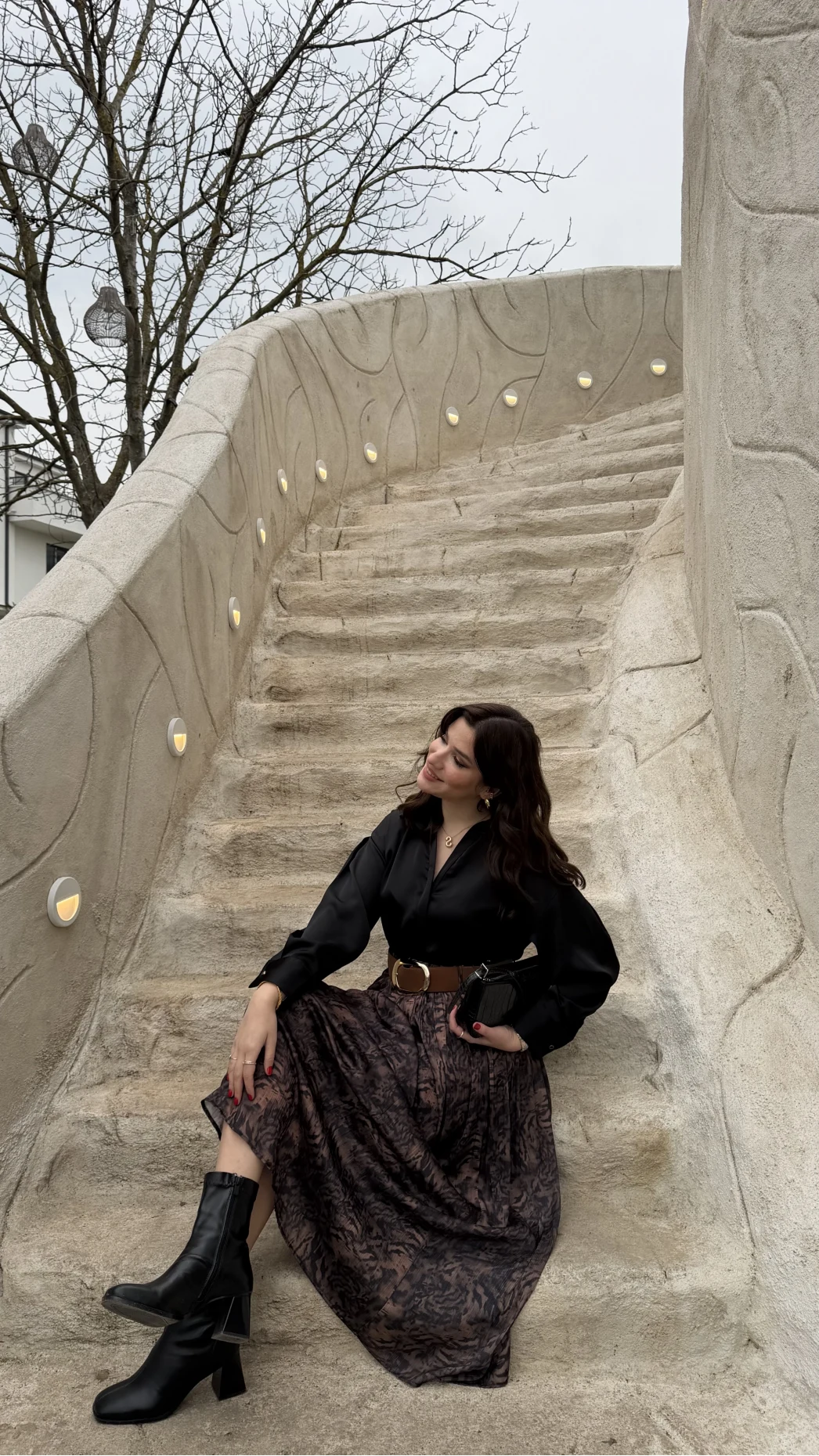 Berry Kemerli Desenli Piliseli Etek - Kahve - Kod: 3375