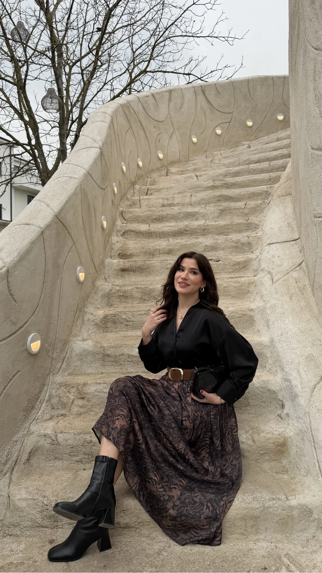 Berry Kemerli Desenli Piliseli Etek - Kahve - Kod: 3375