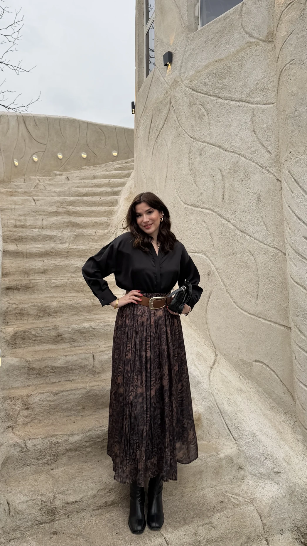 Berry Kemerli Desenli Piliseli Etek - Kahve - Kod: 3375