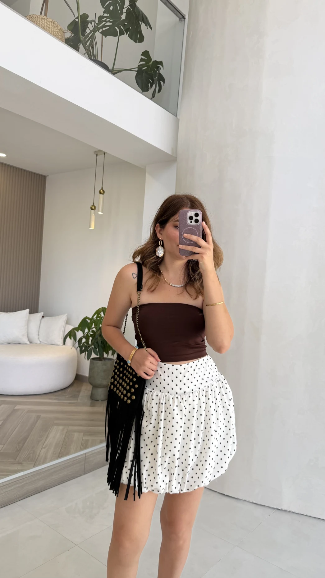 Beyaz Puantiye Desenli Şortlu Mini Etek