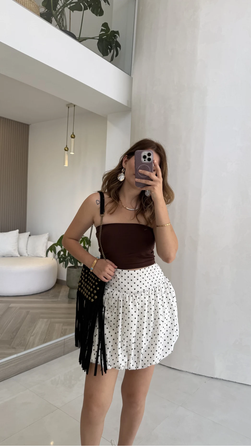 Beyaz Puantiye Desenli Şortlu Mini Etek
