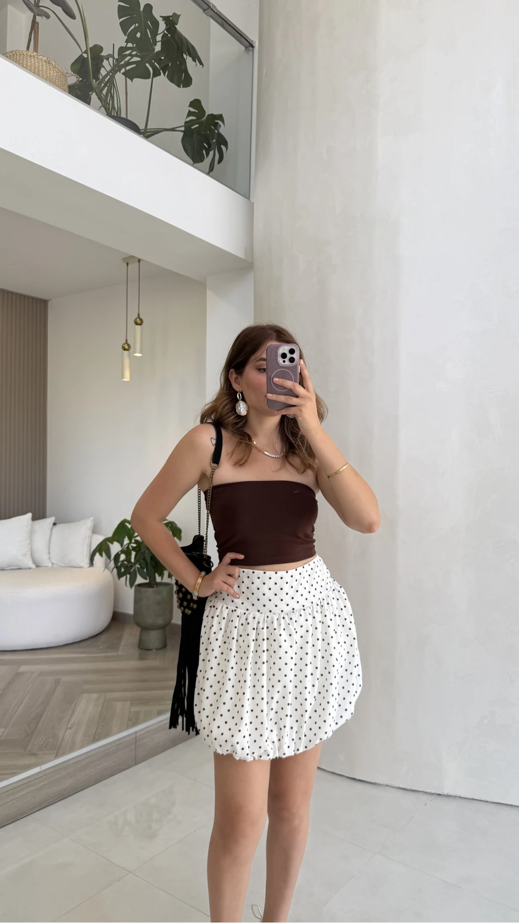 Beyaz Puantiye Desenli Şortlu Mini Etek