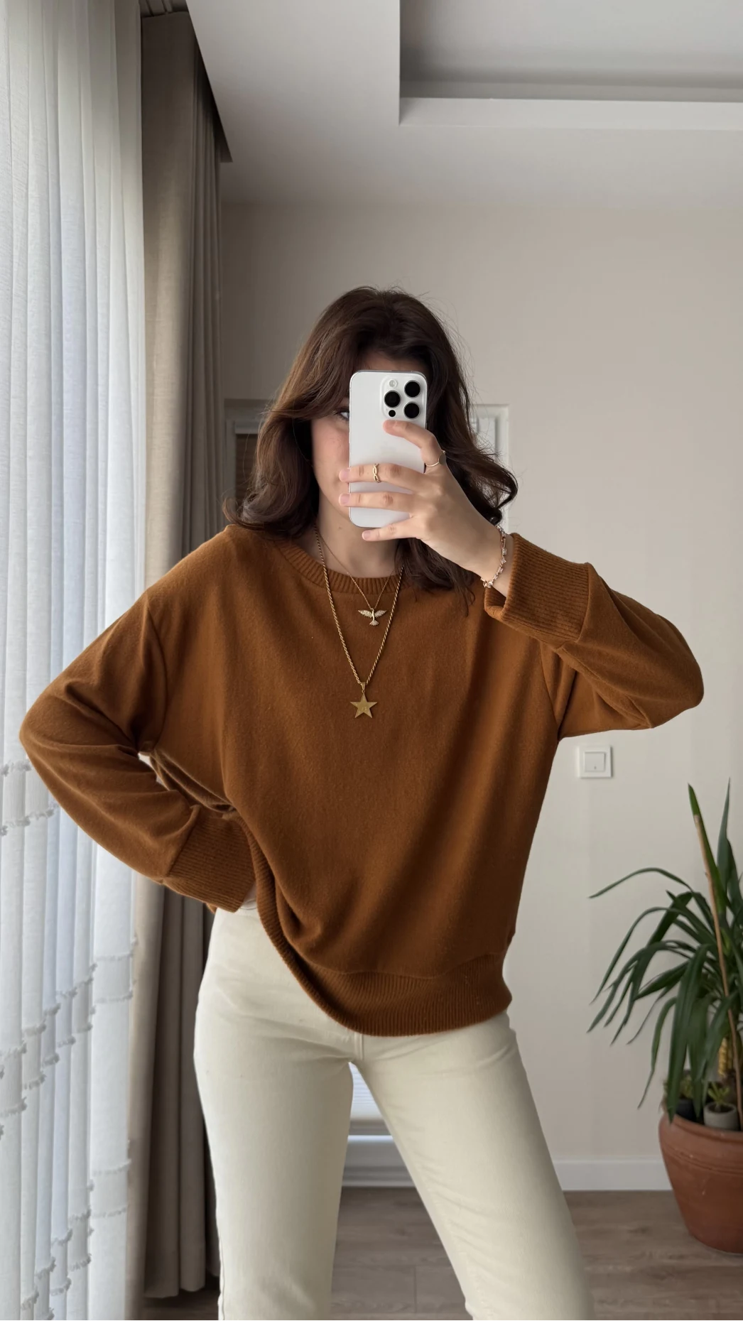 Bisiklet Yaka Pamuk Kumaş Sweatshirt Tarçın Rengi