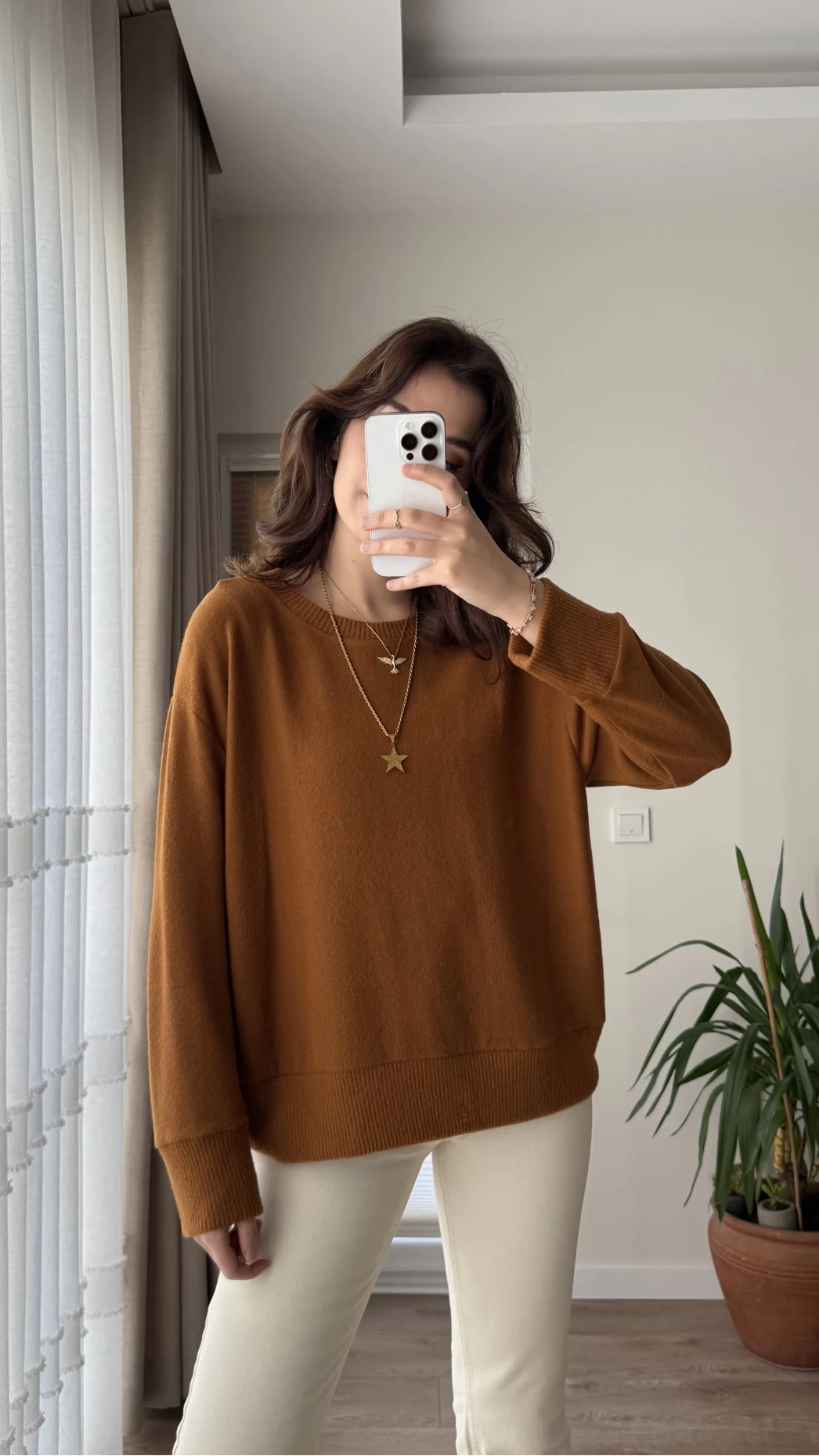 Bisiklet Yaka Pamuk Kumaş Sweatshirt Tarçın Rengi