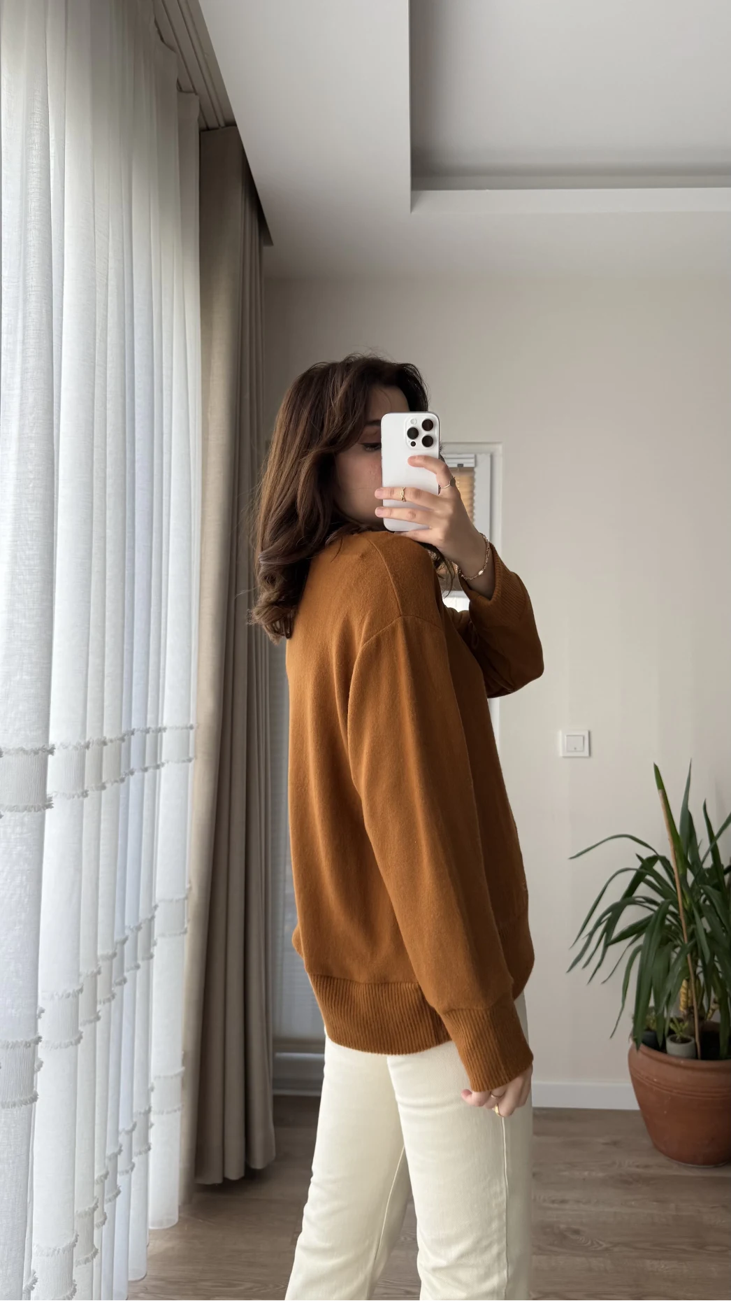 Bisiklet Yaka Pamuk Kumaş Sweatshirt Tarçın Rengi