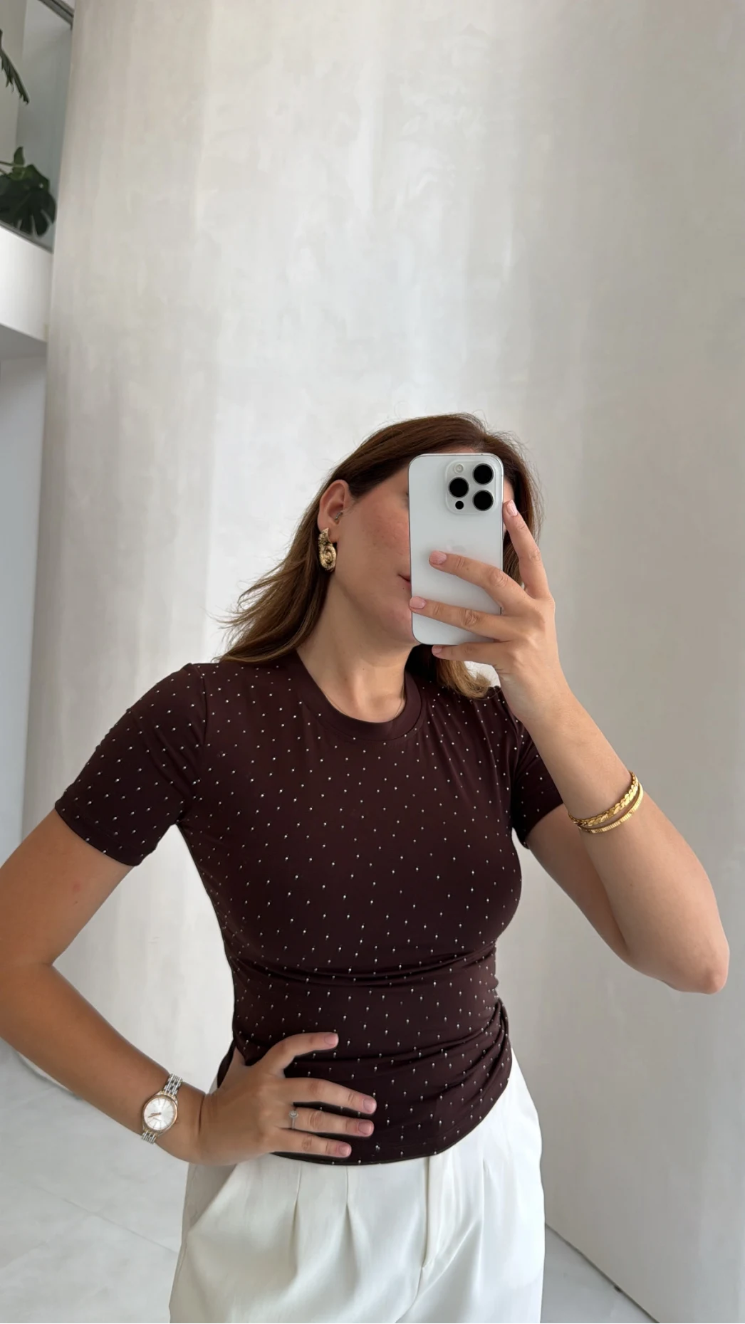 Bisiklet Yaka Taşlı T-shirt - Kahve - Kod: 1598