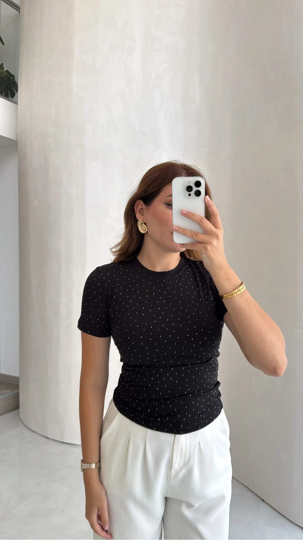 Bisiklet Yaka Taşlı T-shirt - Siyah - Kod: 1598