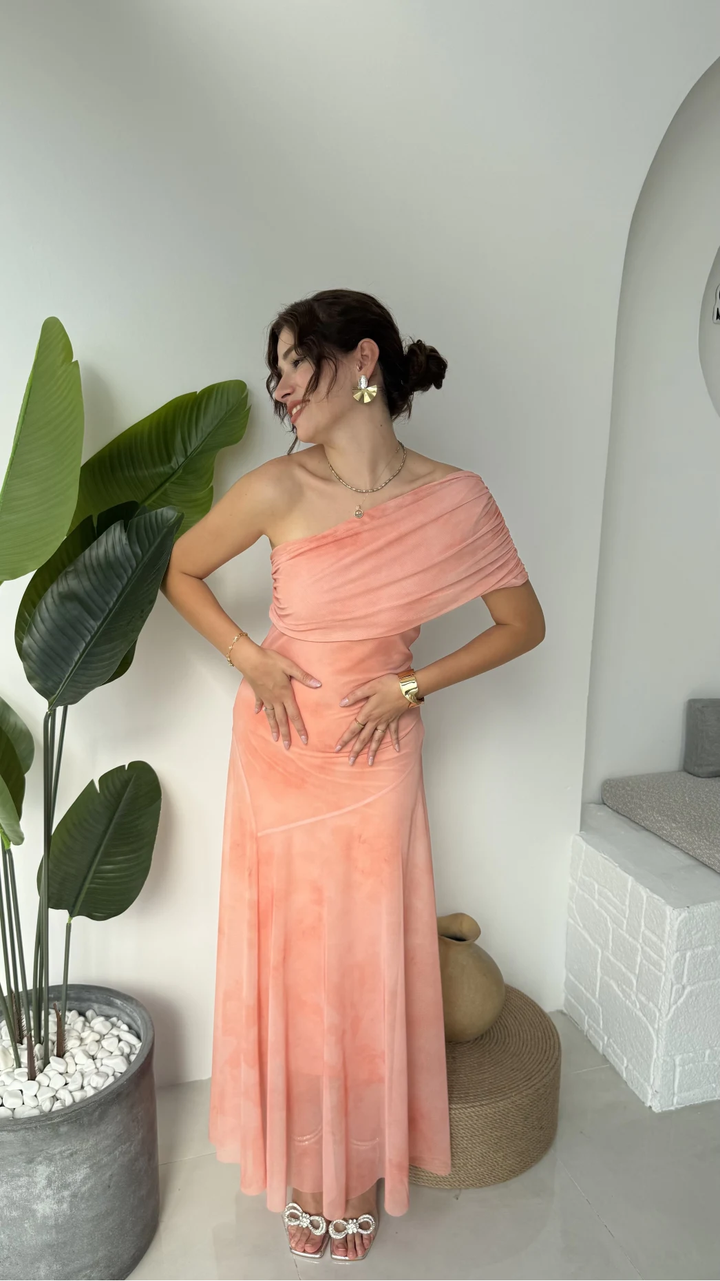 Blossom Tek Omuz Elbise - Turuncu - 205177