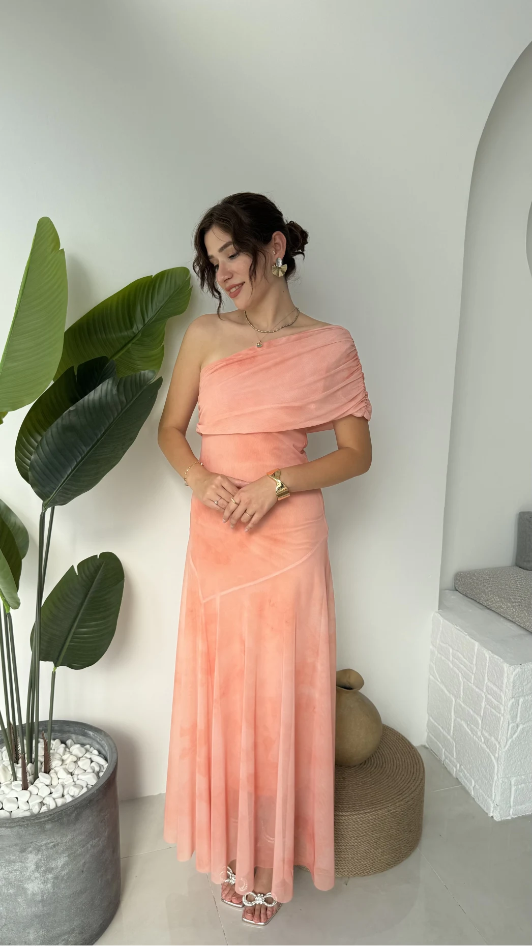 Blossom Tek Omuz Elbise - Turuncu - 205177