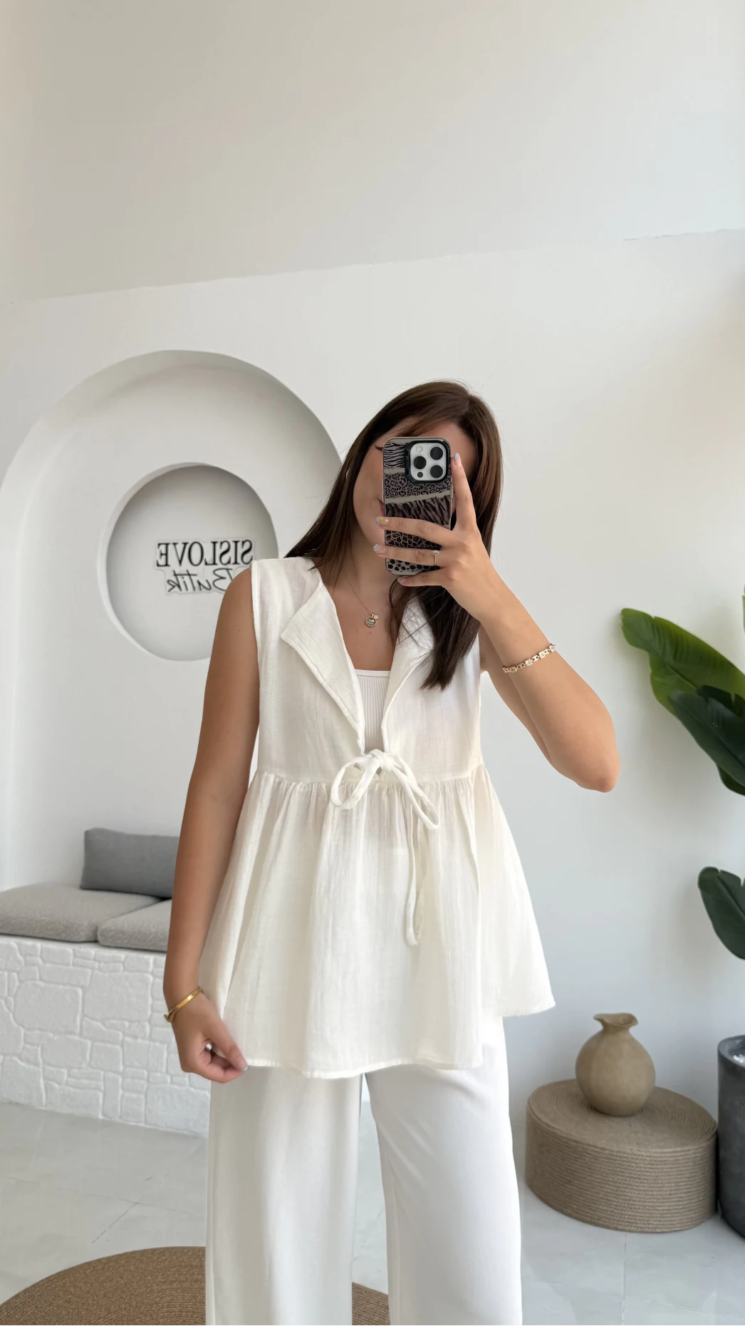 V Yaka Bağcıklı Bluz-1012-Ekru