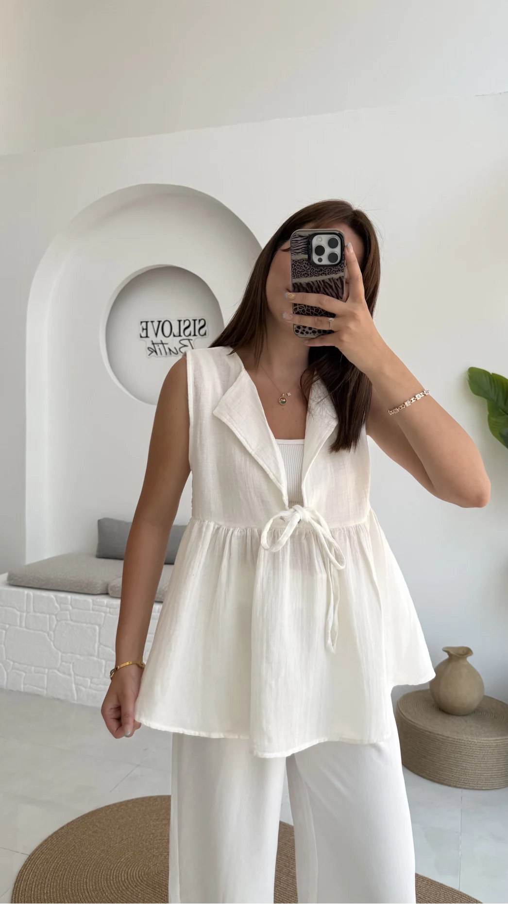 V Yaka Bağcıklı Bluz-1012-Ekru