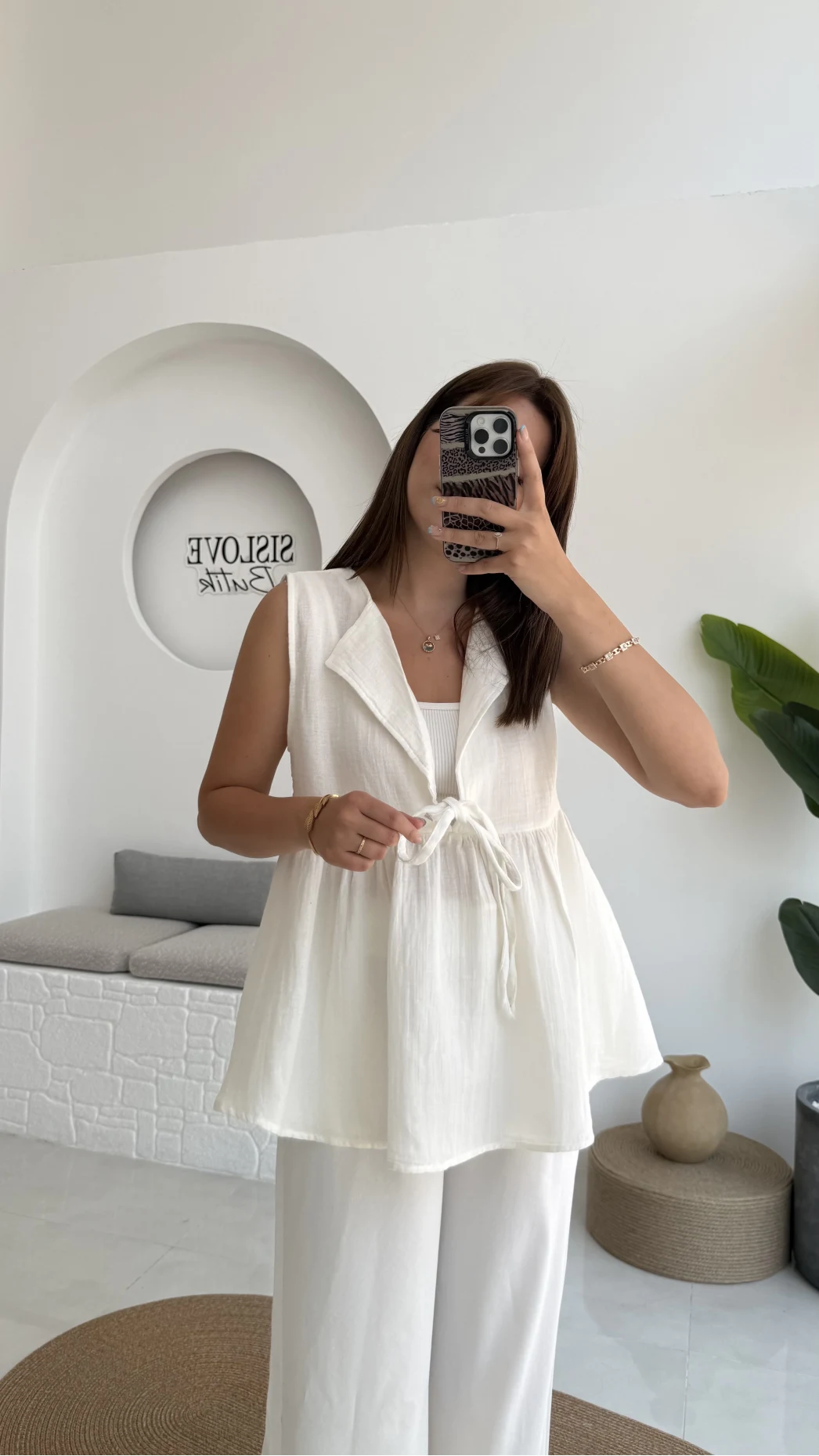 V Yaka Bağcıklı Bluz-1012-Ekru