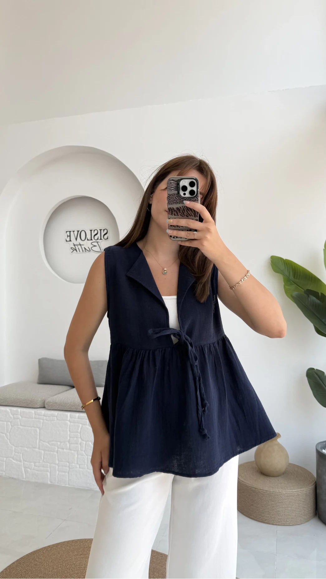 V Yaka Bağcıklı Bluz-1012-Lacivert