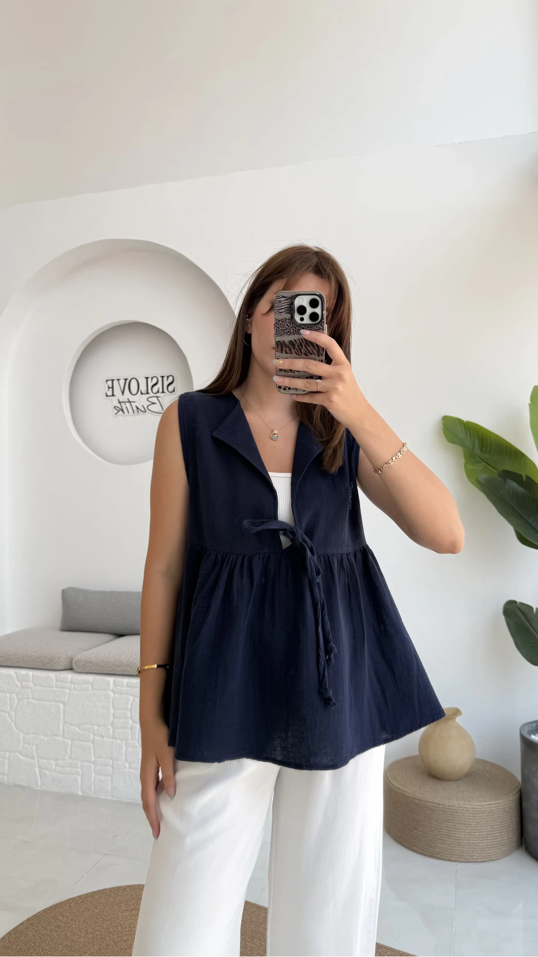 V Yaka Bağcıklı Bluz-1012-Lacivert