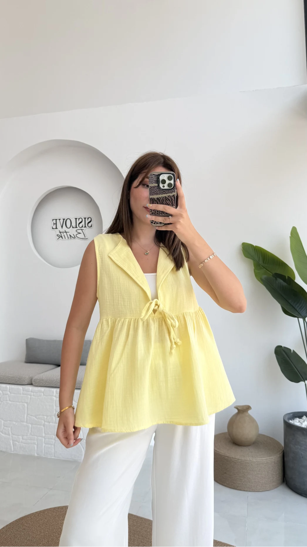 V Yaka Bağcıklı Bluz-1012-Sarı