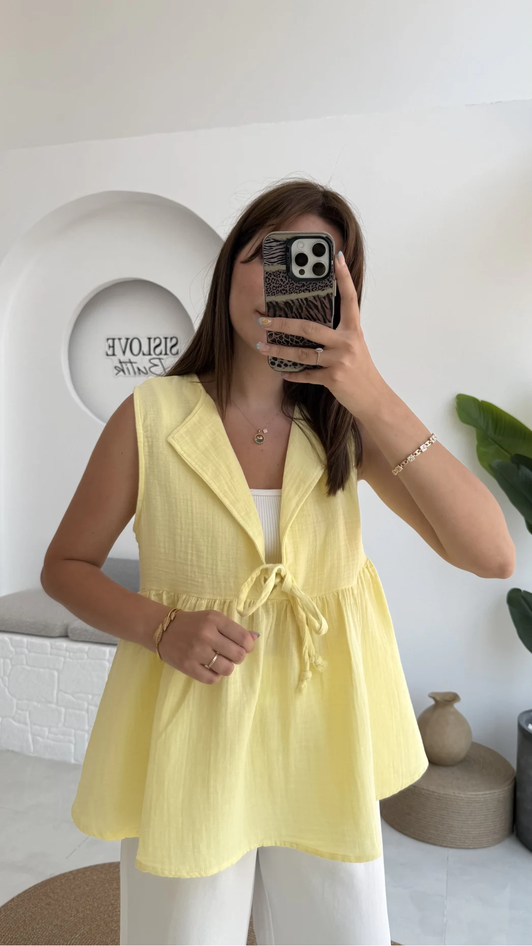 V Yaka Bağcıklı Bluz-1012-Sarı