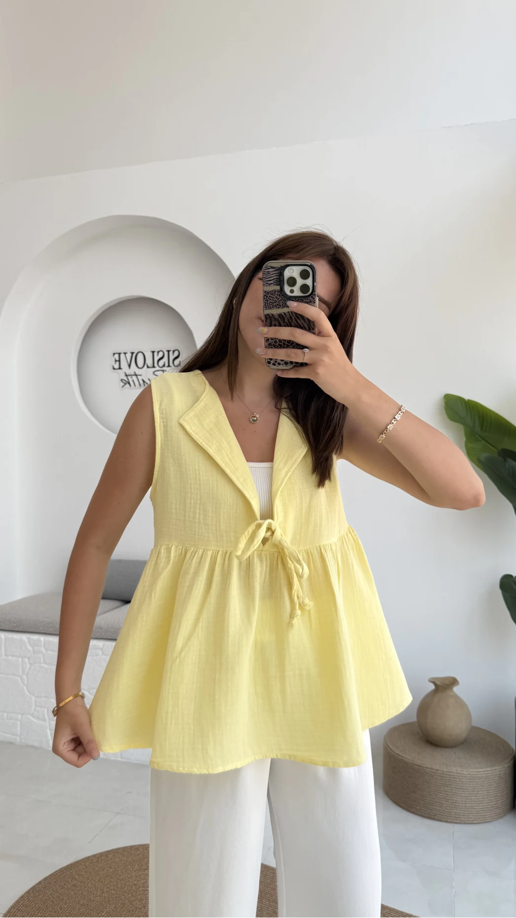 V Yaka Bağcıklı Bluz-1012-Sarı