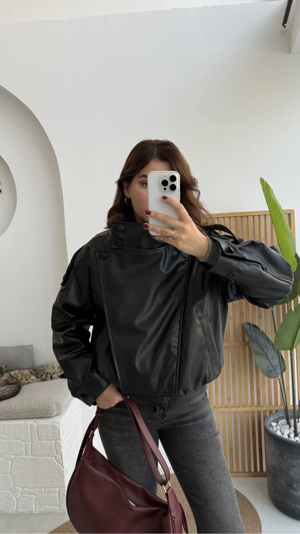 Yüksek Yakalı Deri Ceket - Siyah - Kod: 36797