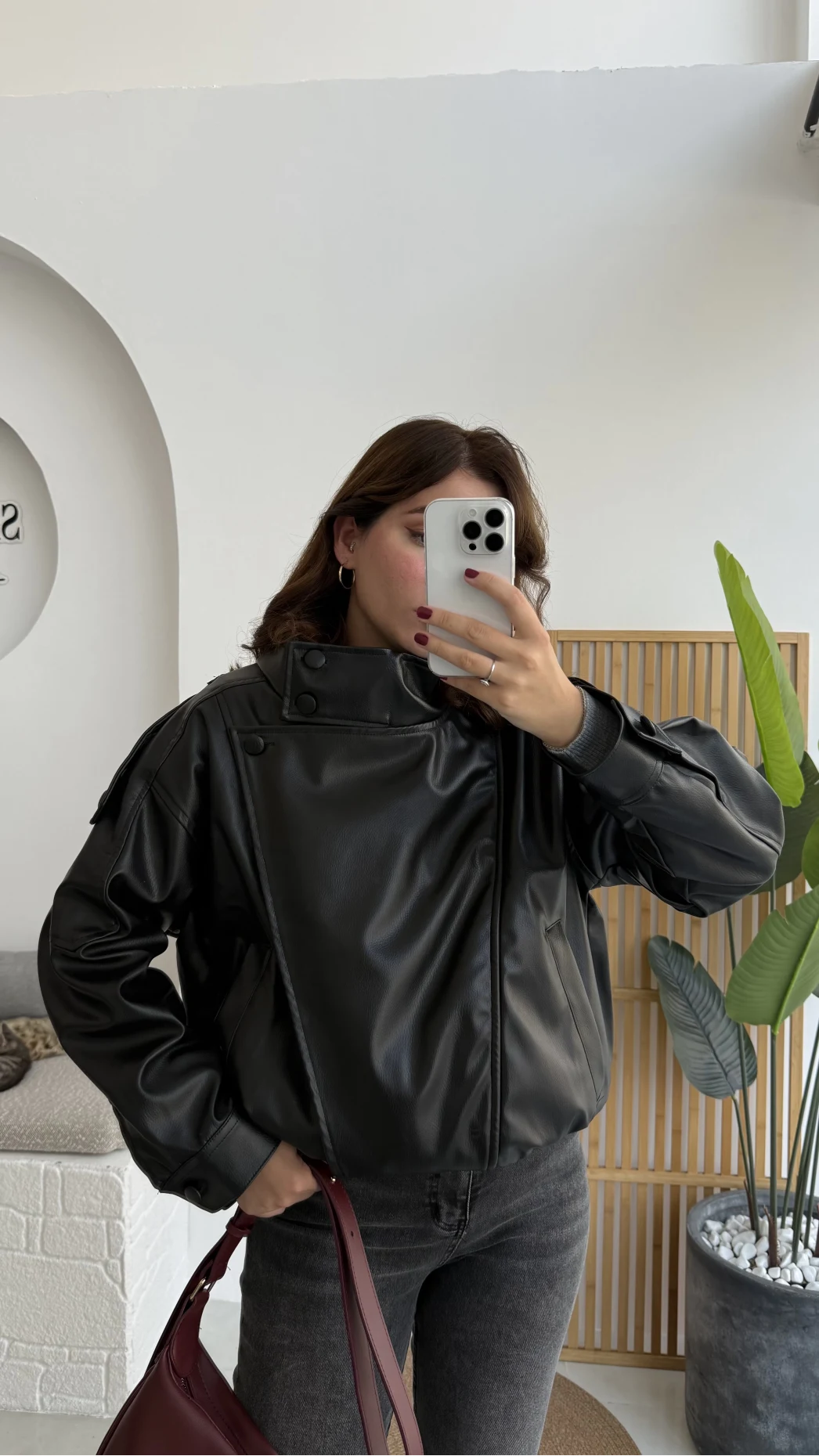 Yüksek Yakalı Deri Ceket - Siyah - Kod: 36797