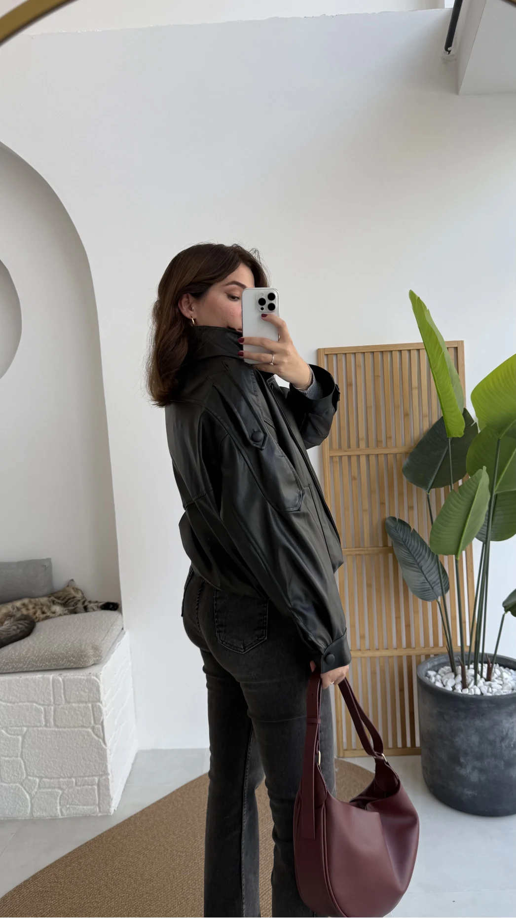 Yüksek Yakalı Deri Ceket - Siyah - Kod: 36797