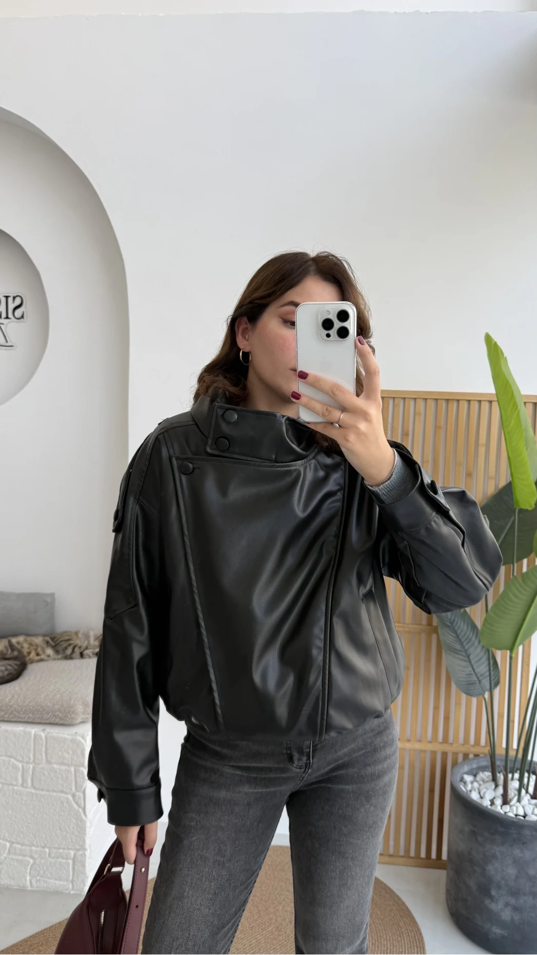 Yüksek Yakalı Deri Ceket - Siyah - Kod: 36797