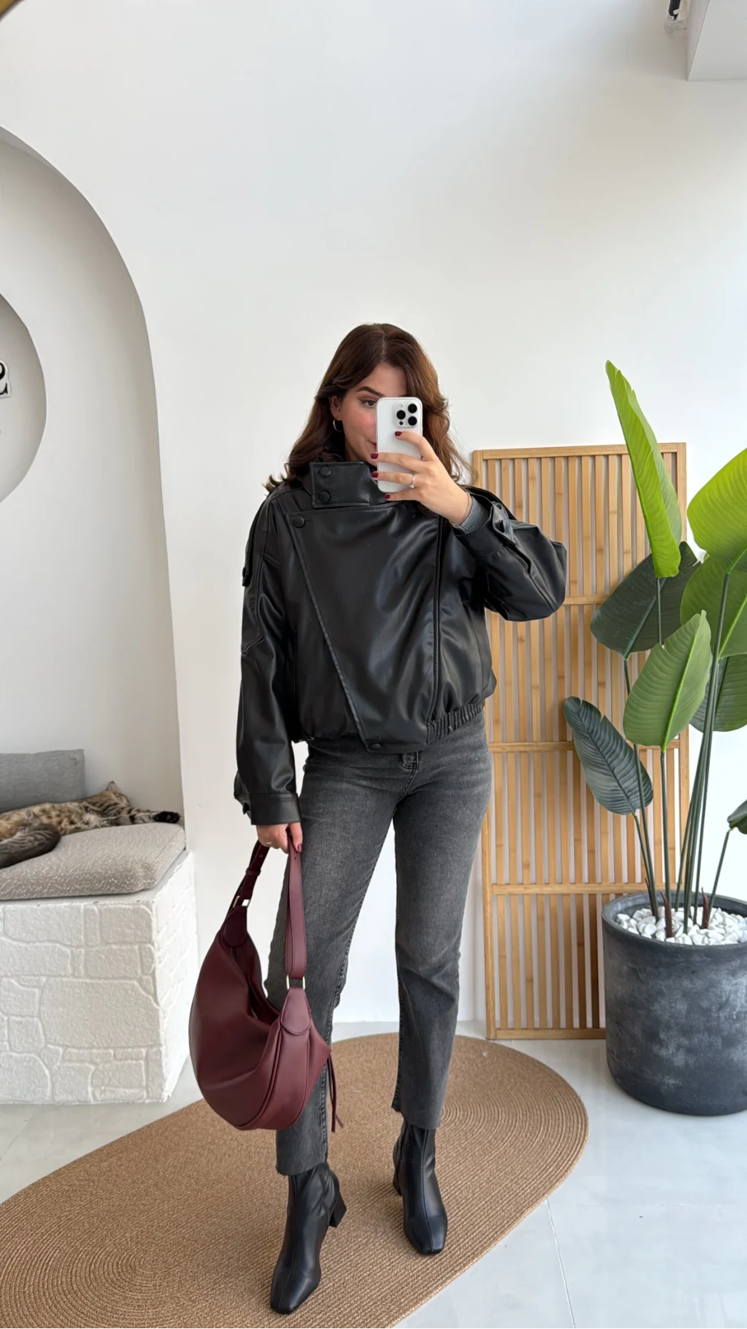 Yüksek Yakalı Deri Ceket - Siyah - Kod: 36797