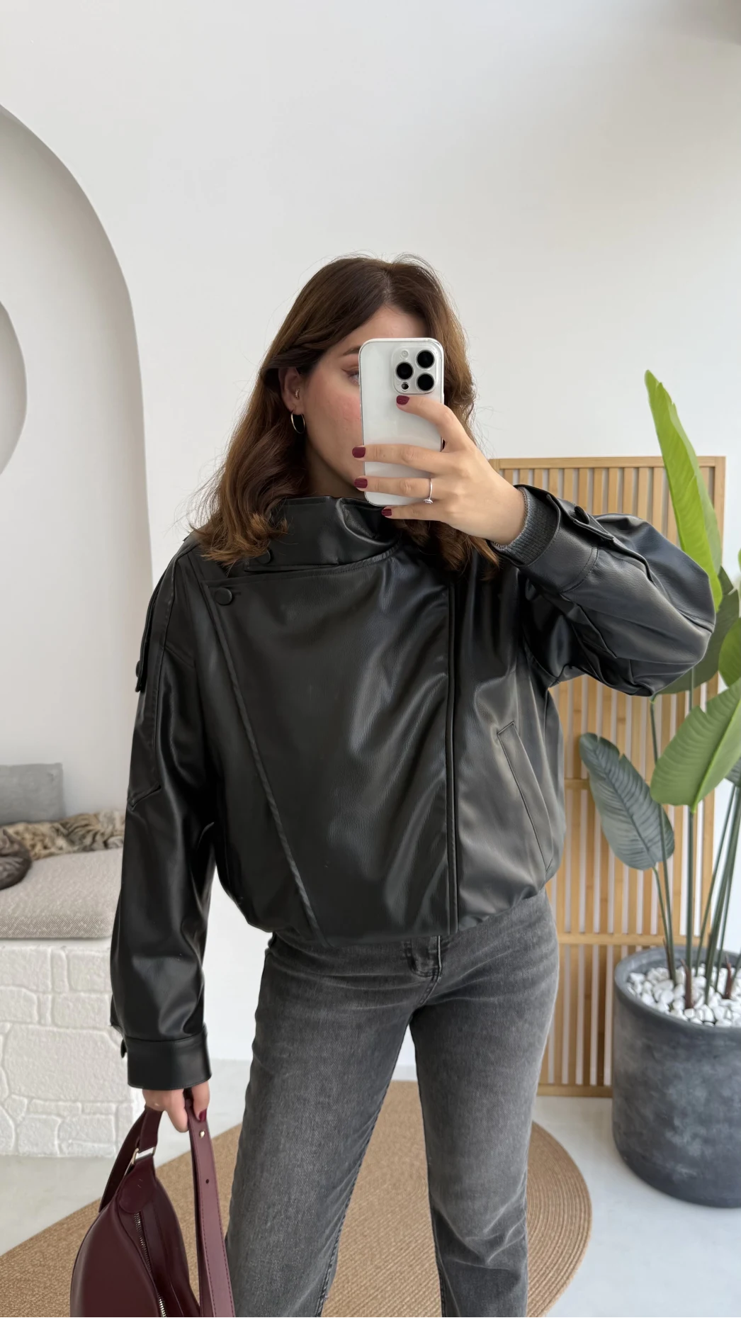 Yüksek Yakalı Deri Ceket - Siyah - Kod: 36797