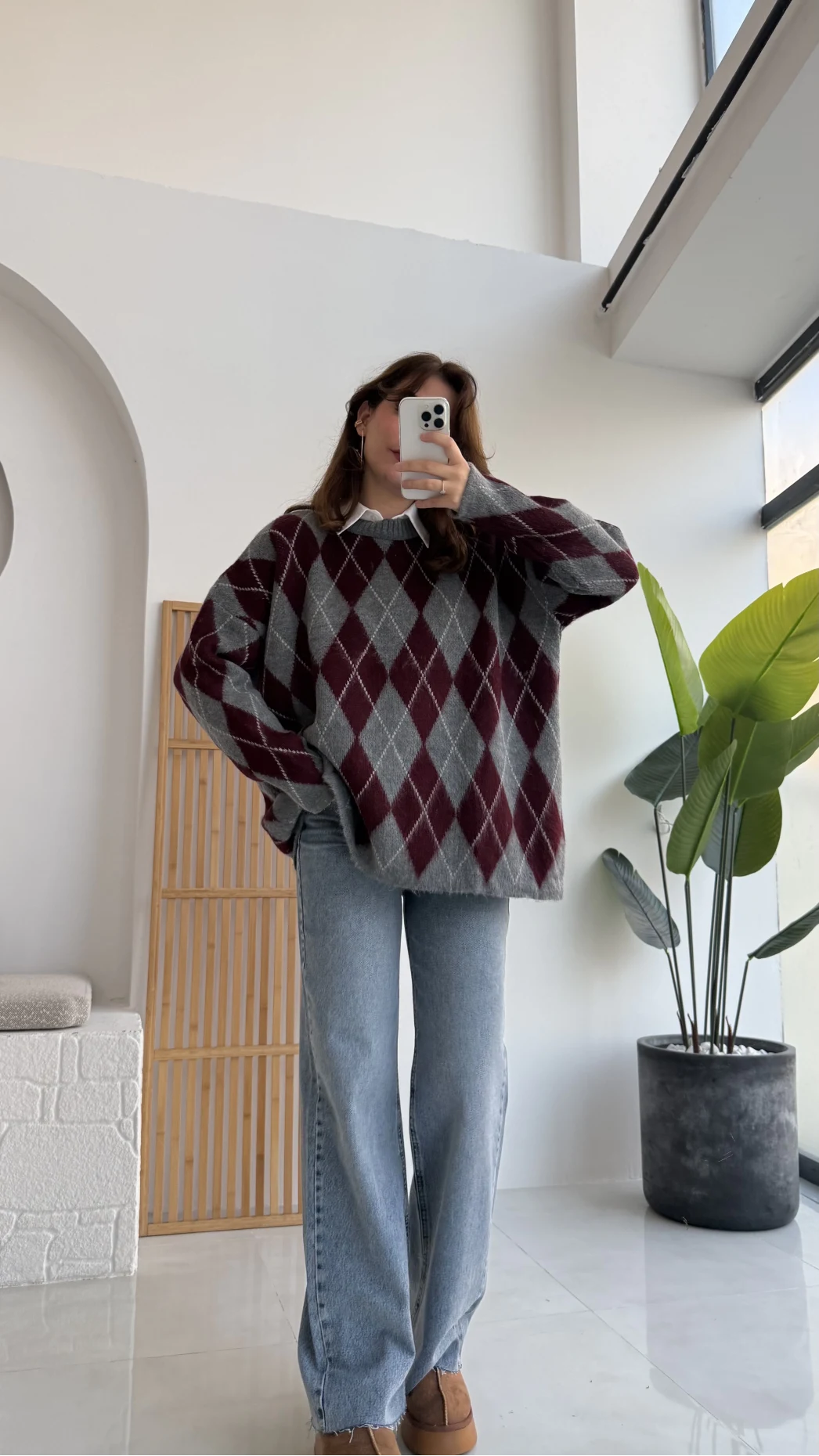 Bol Kesim Bisiklet Yaka Baklava Kazak - Antrasit-Bordo