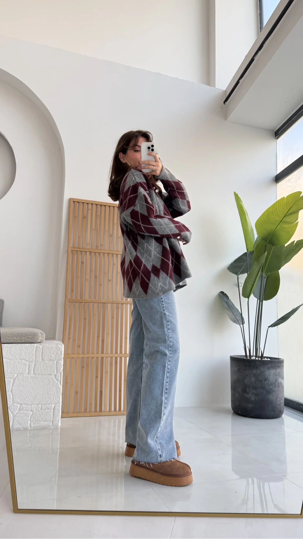 Bol Kesim Bisiklet Yaka Baklava Kazak - Antrasit-Bordo